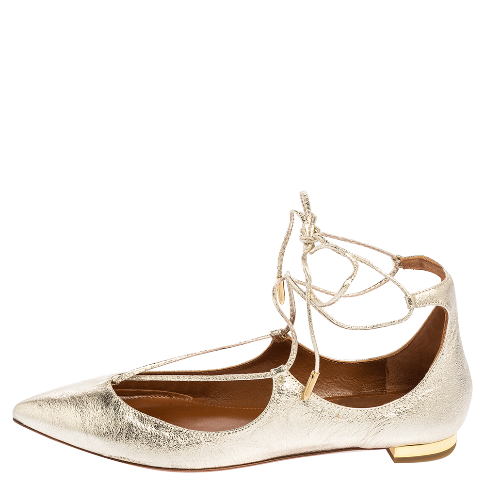 

Aquazzura Gold Leather Christy Lace Up Pointed Toe Flats Size