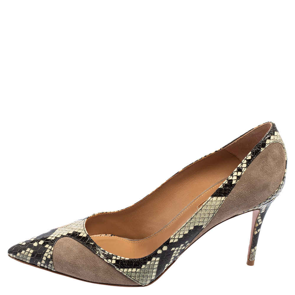 

Aquazzura Grey Suede And Python Embossed Leather Pointed Toe Pumps Size