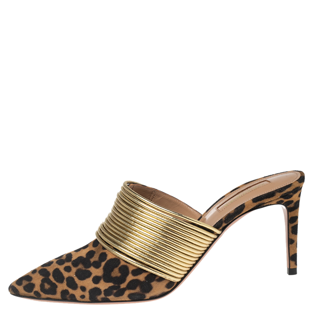 

Aquazzura Brown Leopard Print Suede and Gold Faux Leather Rendez Vous Mule Sandals Size
