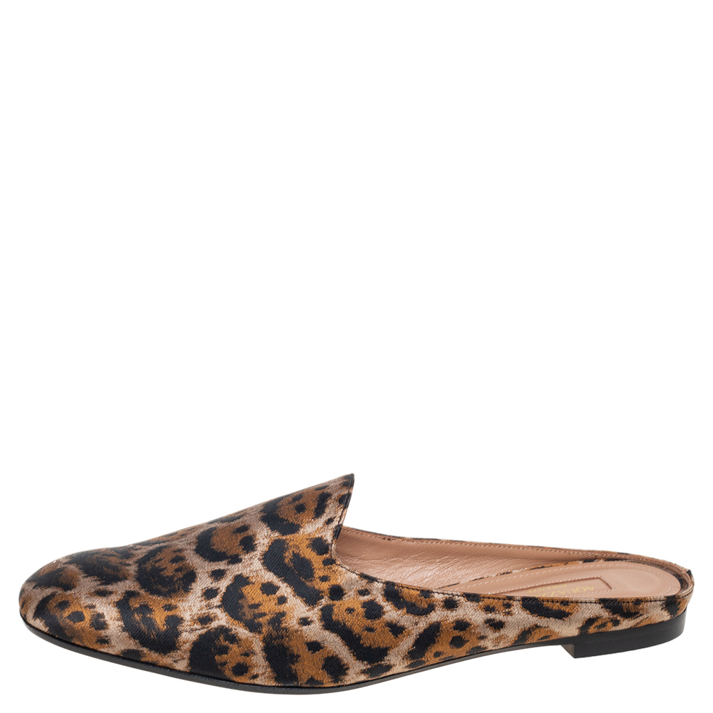 

Aquazzura Brown/Black Leopard Print Jacquard Brando Flat Mules Size