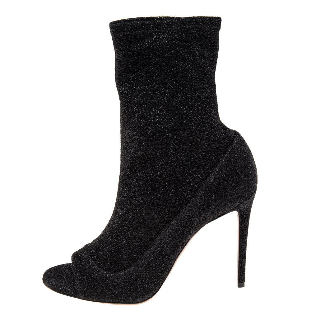 

Aquazzura Black Lurex Fabric Eclair Peep Toe Ankle Boots Size