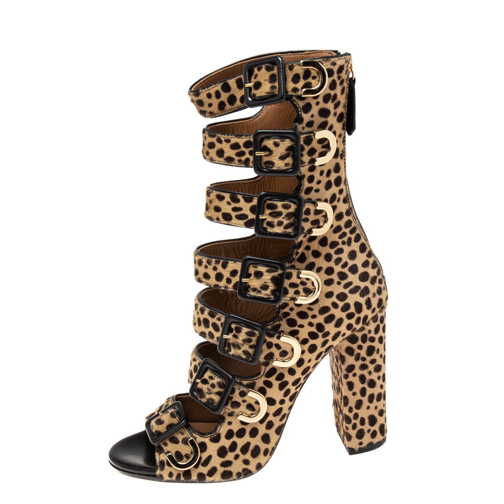 

Aquazzura Beige Leopard Print Calf Hair Tutto Buckle Zip Up Open Toe Sandals Size