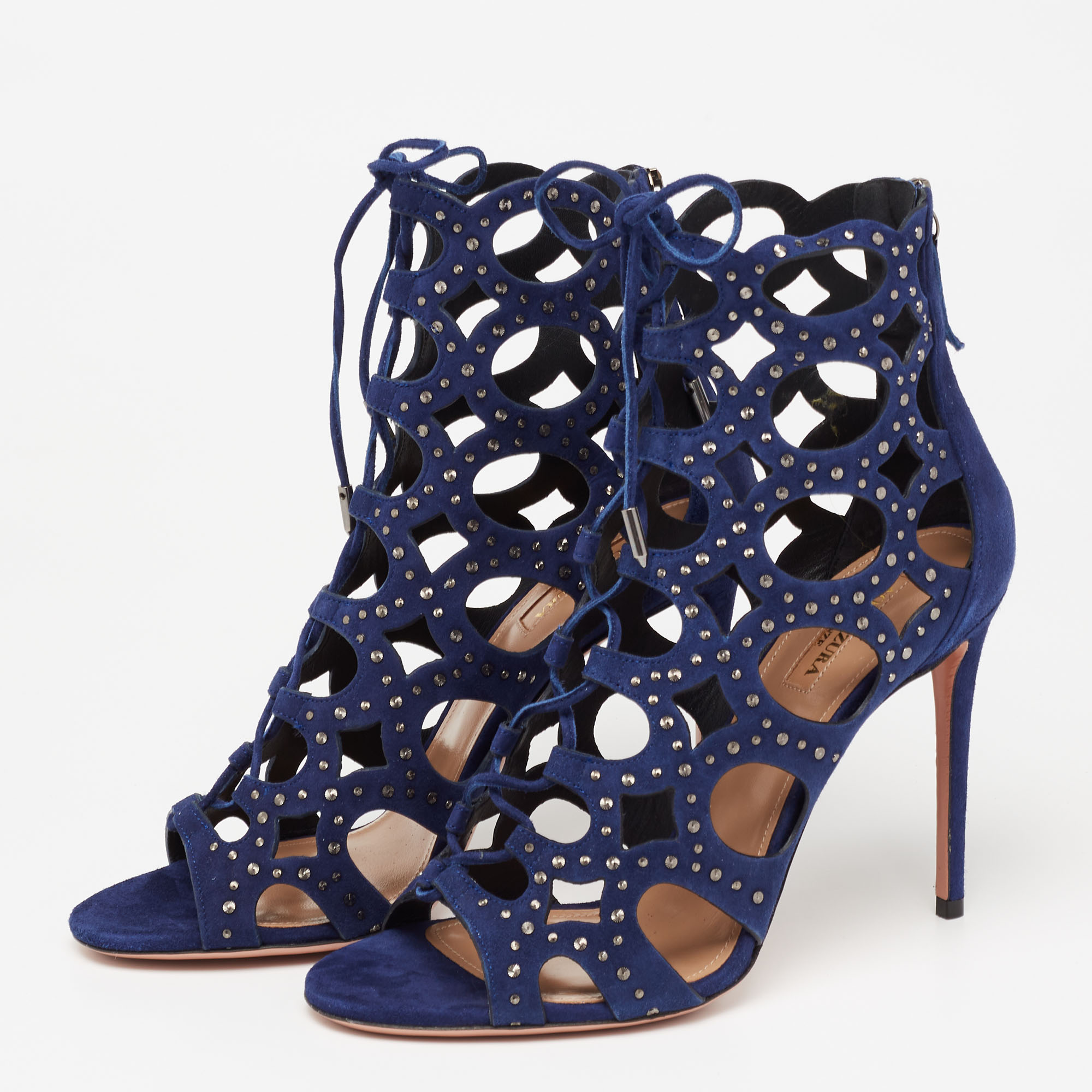 

Aquazzura Blue Laser Cut Suede Begum Studded Lace Up Sandals Size