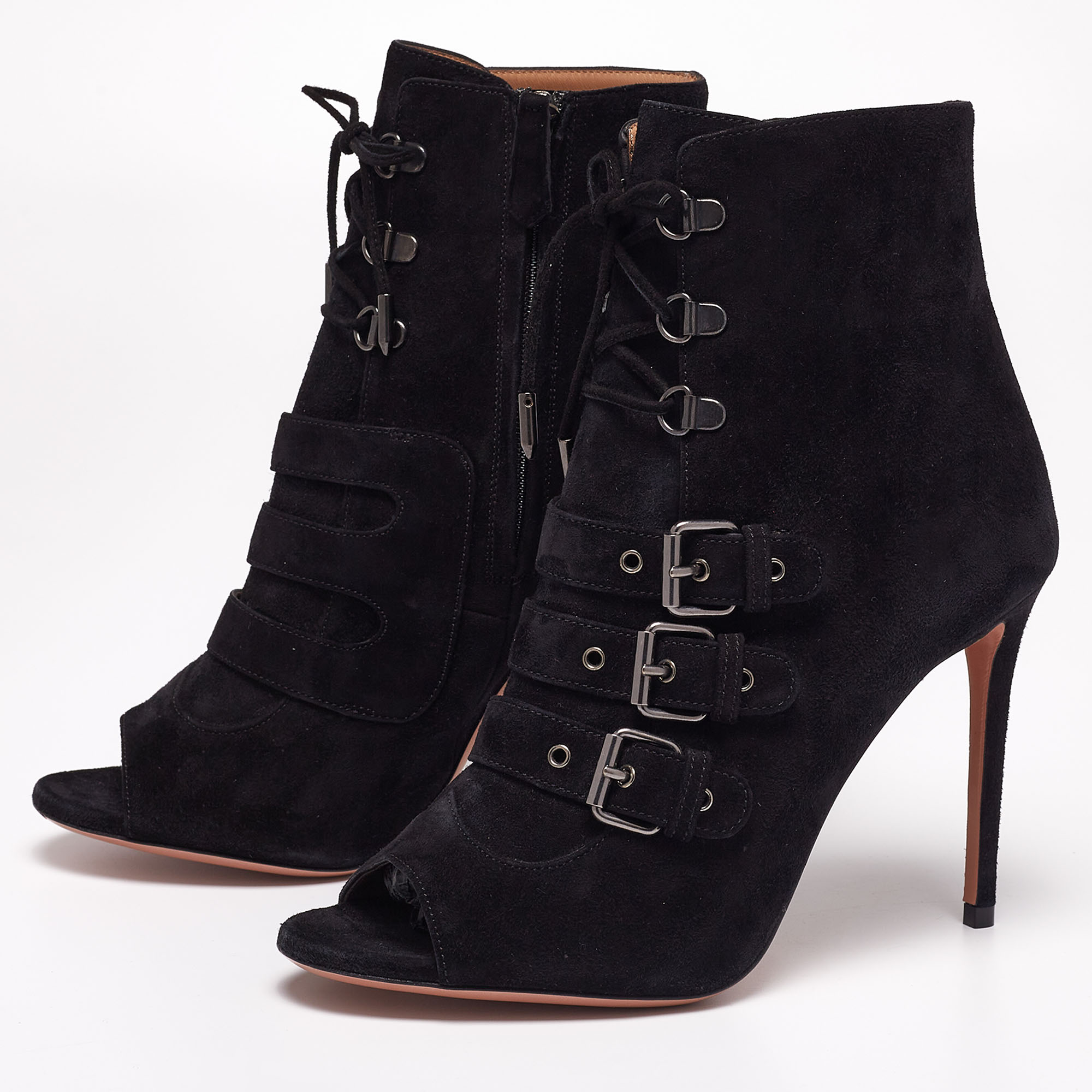 

Aquazzura Black Suede Open Toe Lace Up Ankle Length Boots Size
