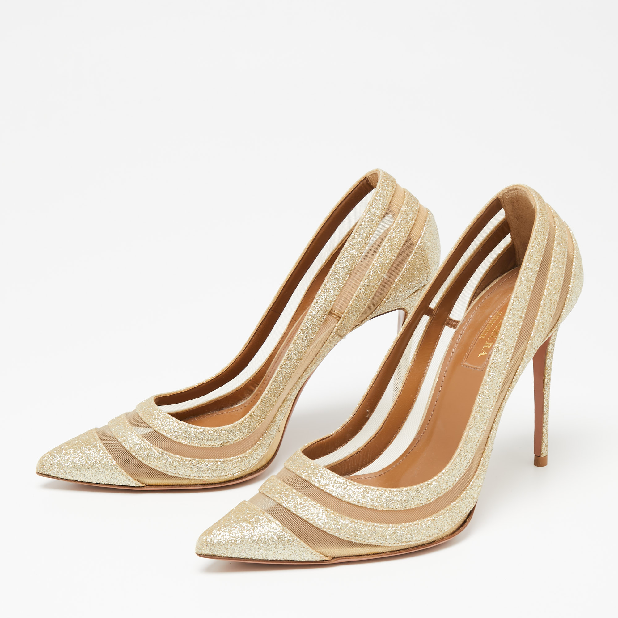 

Aquazzura Light Gold Glitter and Mesh Graphic Pumps Size