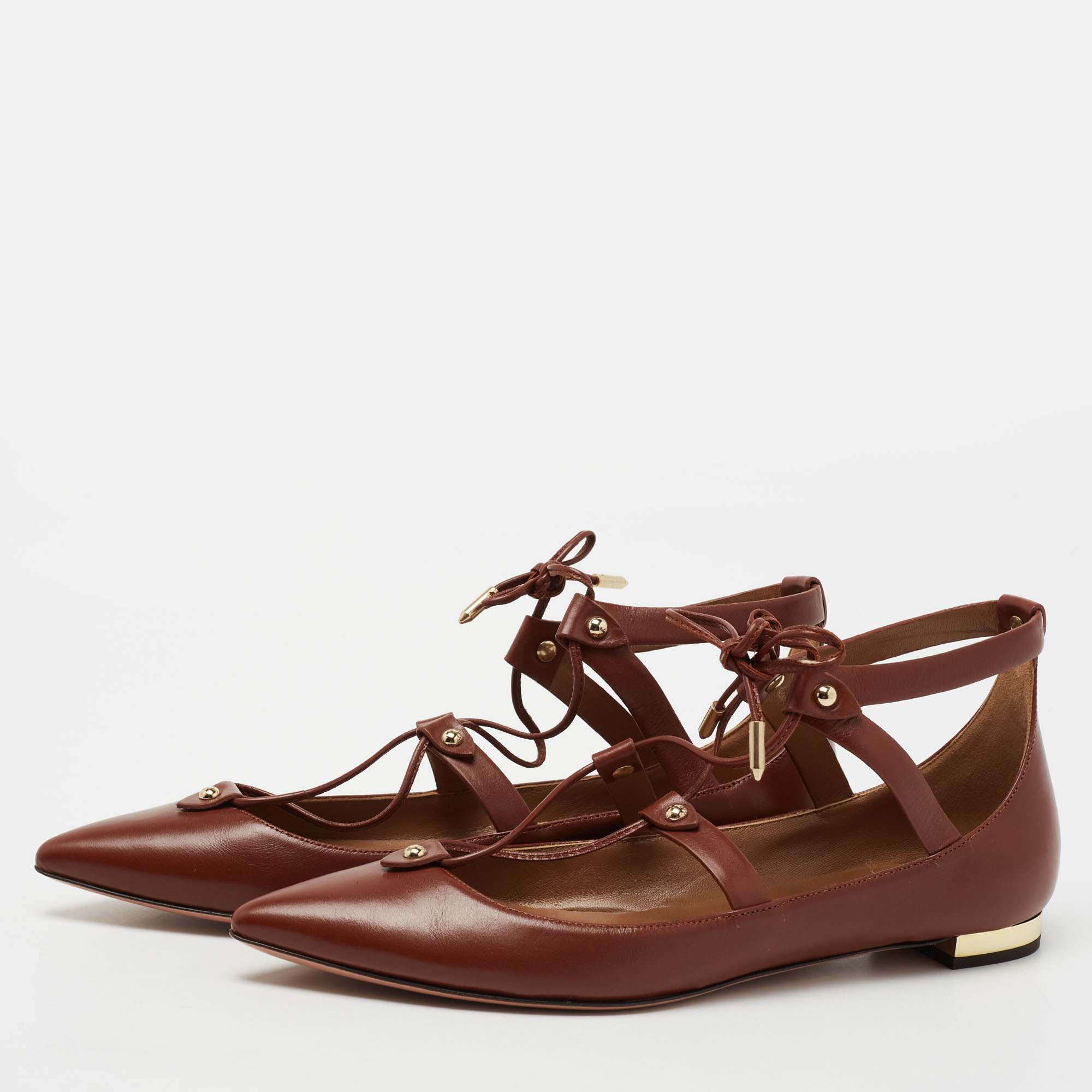 

Aquazzura Brown Leather Ankle Tie Ballet Flats Size