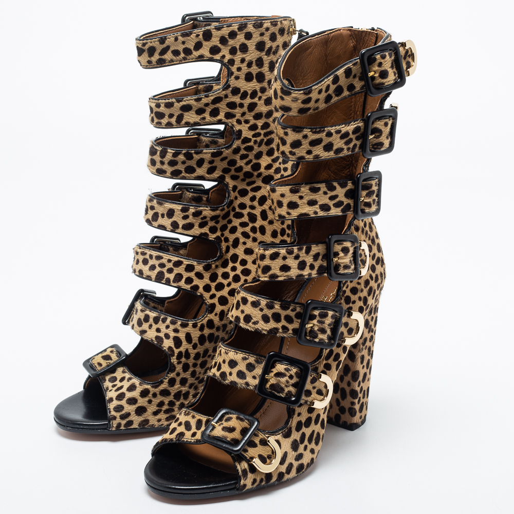 

Aquazzura Beige/Brown Leopard Print Calf Hair Tutto Buckle Open Toe Sandals Size