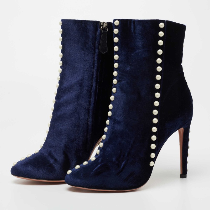 

Aquazzura Navy Blue Velvet Follie Pearls Ankle Boots Size