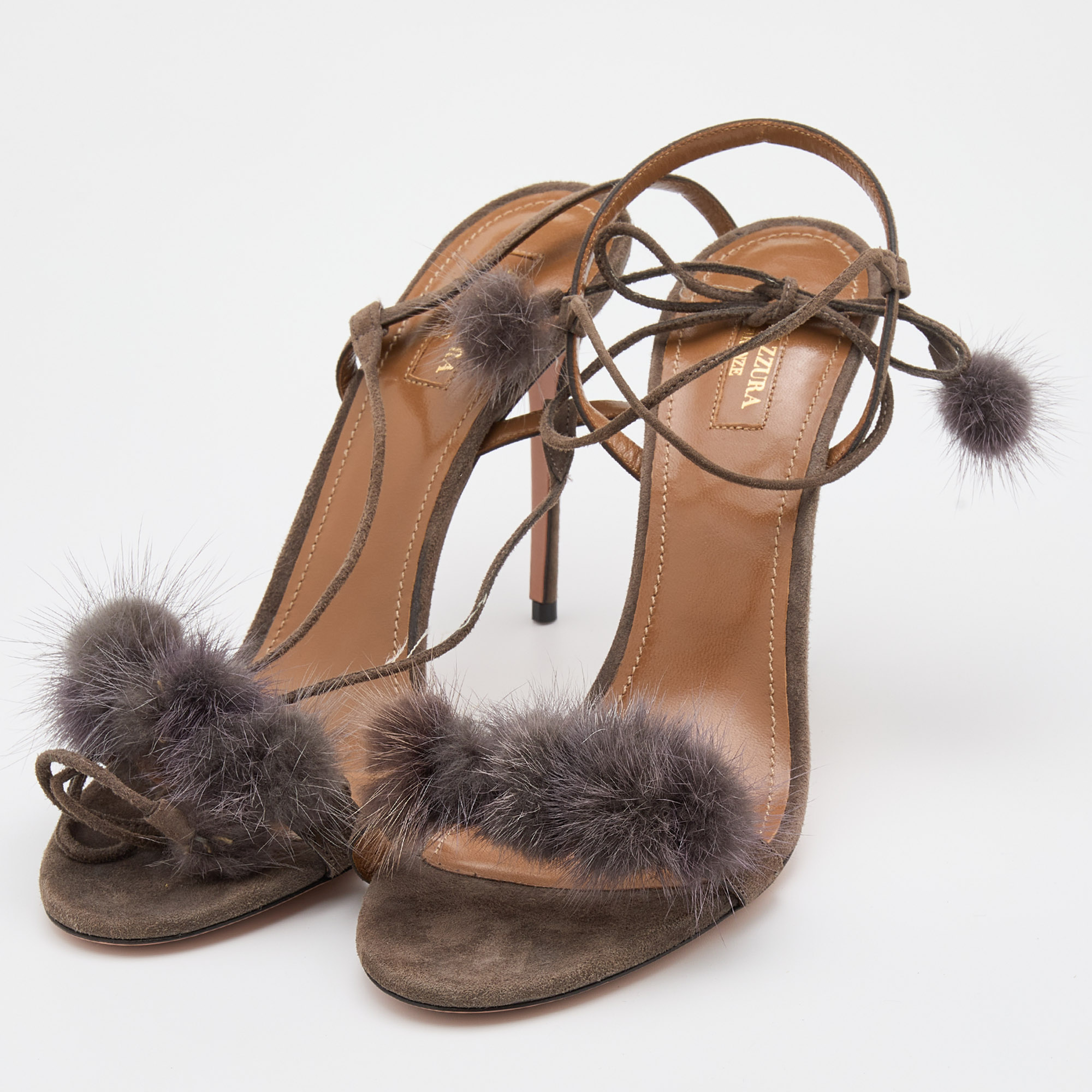 

Aquazzura Grey Mink Fur and Suede Wild Russian Ankle Wrap Sandals Size