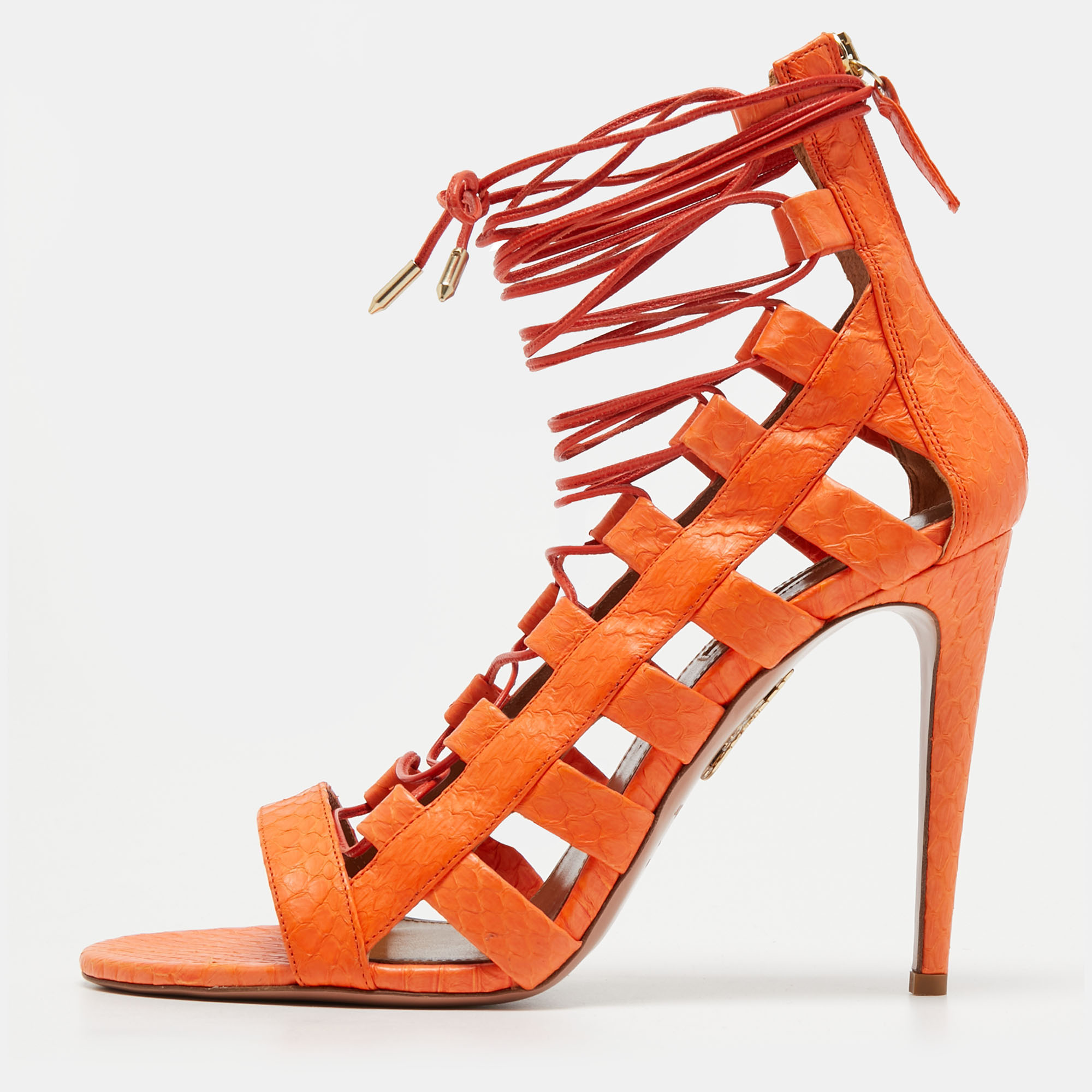 Pre-owned Aquazzura Orange Snakeskin Gladiator Sandals Size 40.5