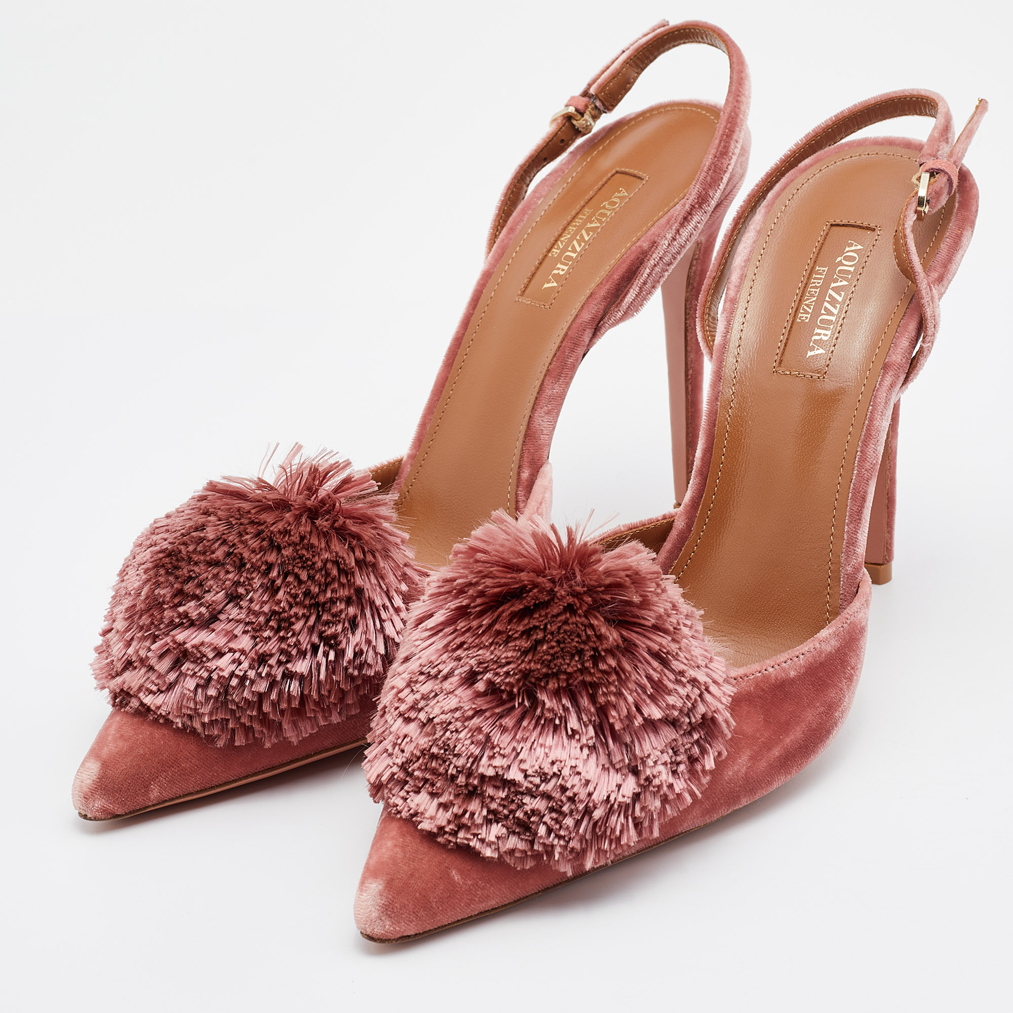 

Aquazzura Rose Pink Velvet Powder Puff Pom Pom Slingback Pumps Size