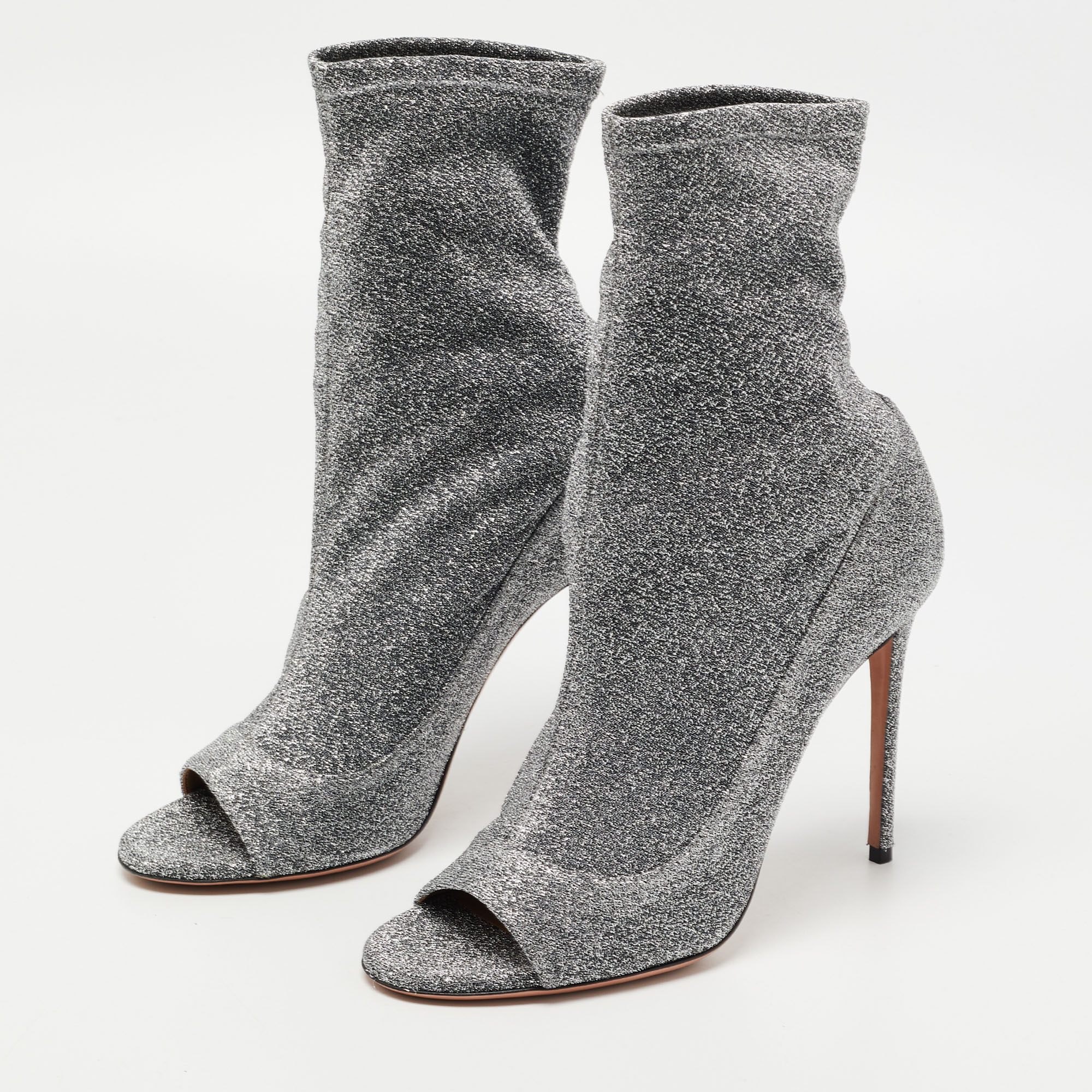 

Aquazzura Silver Glitter Eclair Open Toe Ankle Boots Size
