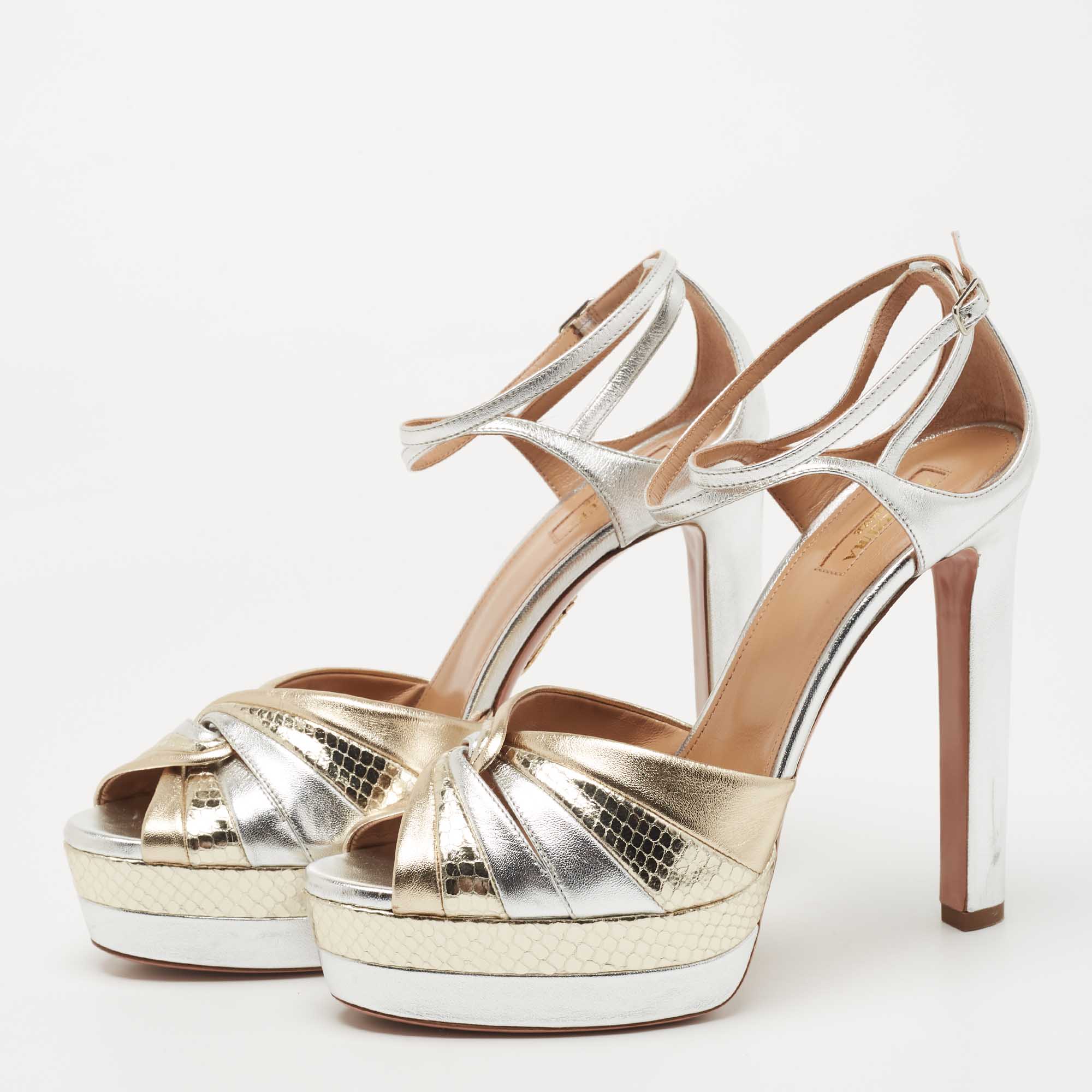 

Aquazzura Silver/Gold Snakeskin Embossed and Leather La Di Da Sandals Size