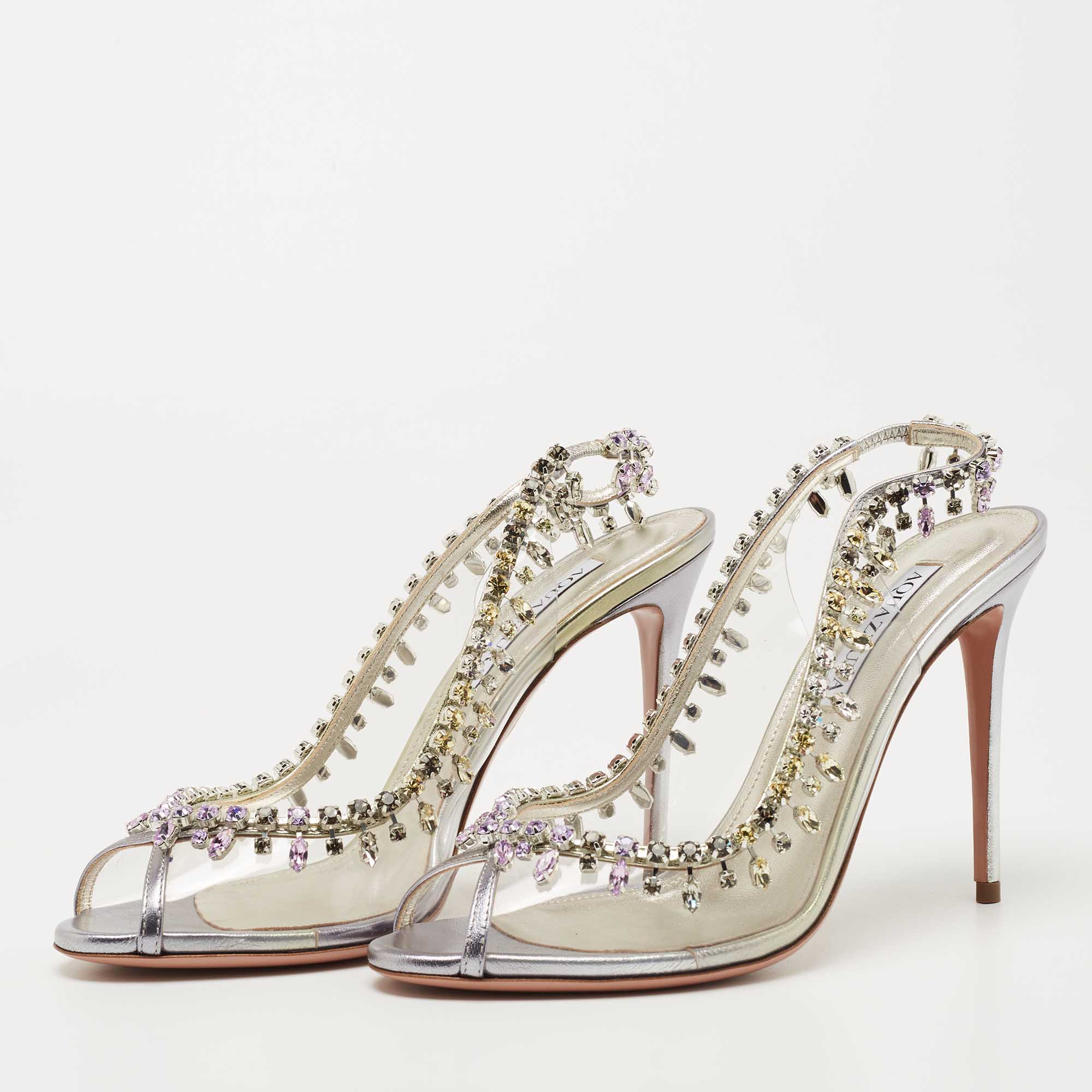 

Aquazzura Transparent/Silver Leather and PVC Temptation Slingback Pumps Size