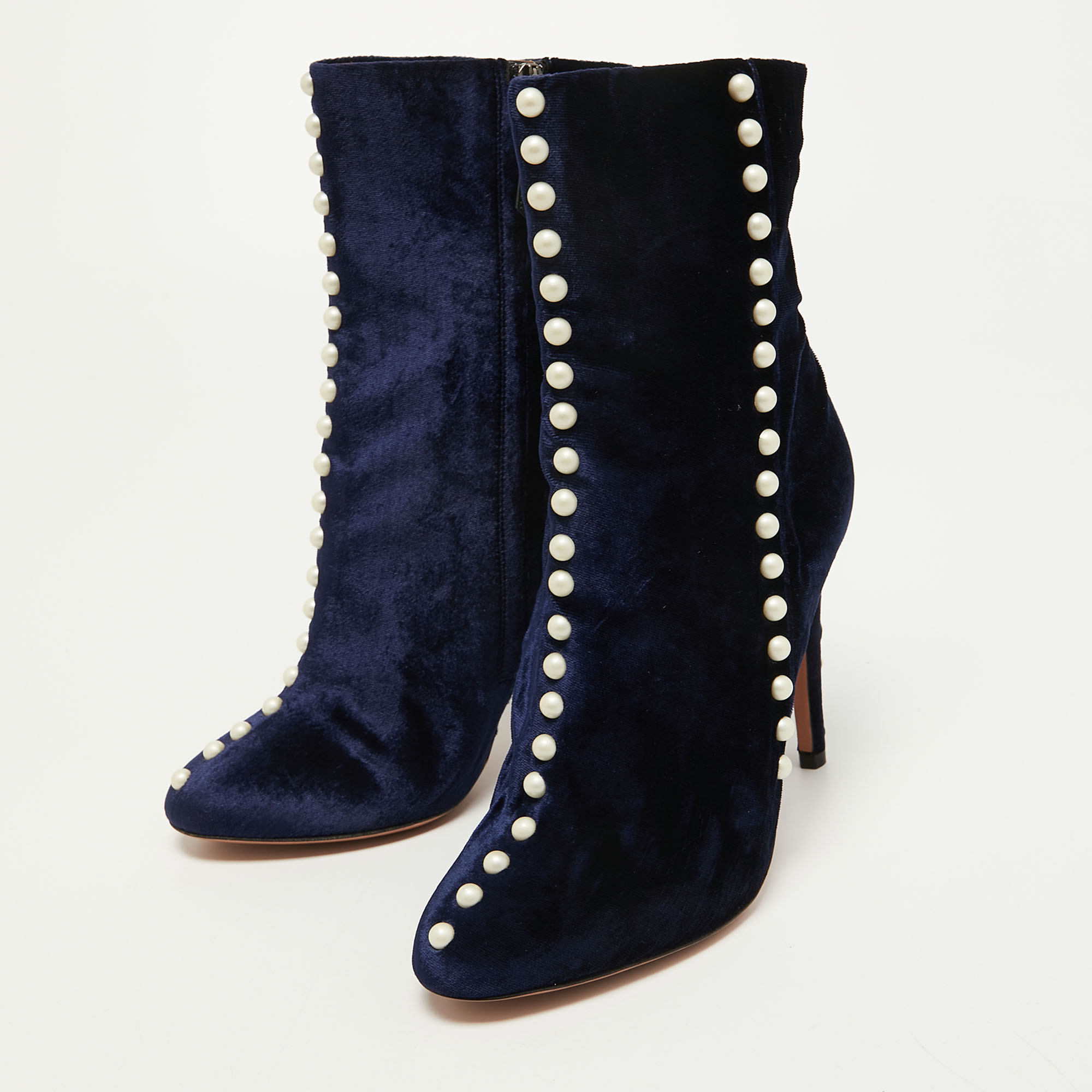 

Aquazzura Blue Velvet Follie Pearls Ankle Length Boots Size, Navy blue