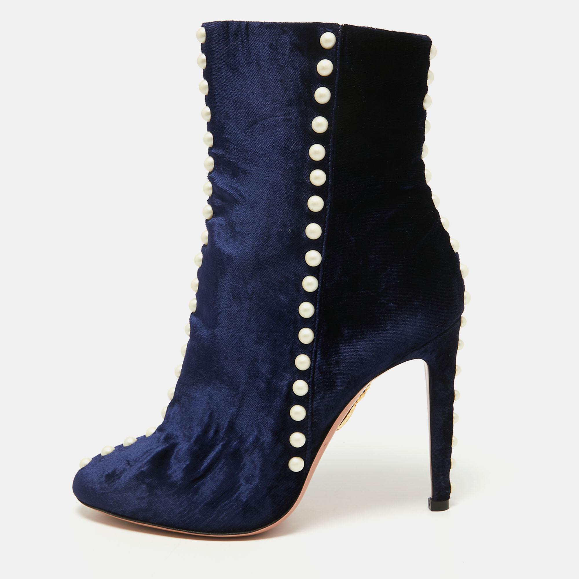 Pre-owned Aquazzura Blue Velvet Follie Pearls Ankle Length Boots Size 36.5 In Navy Blue