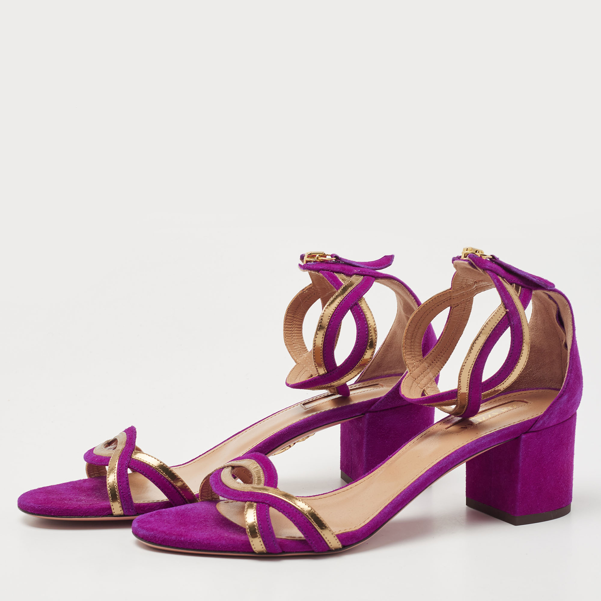 

Aquazzura Purple/Gold Suede and Patent Leather Moon Ray Sandals Size