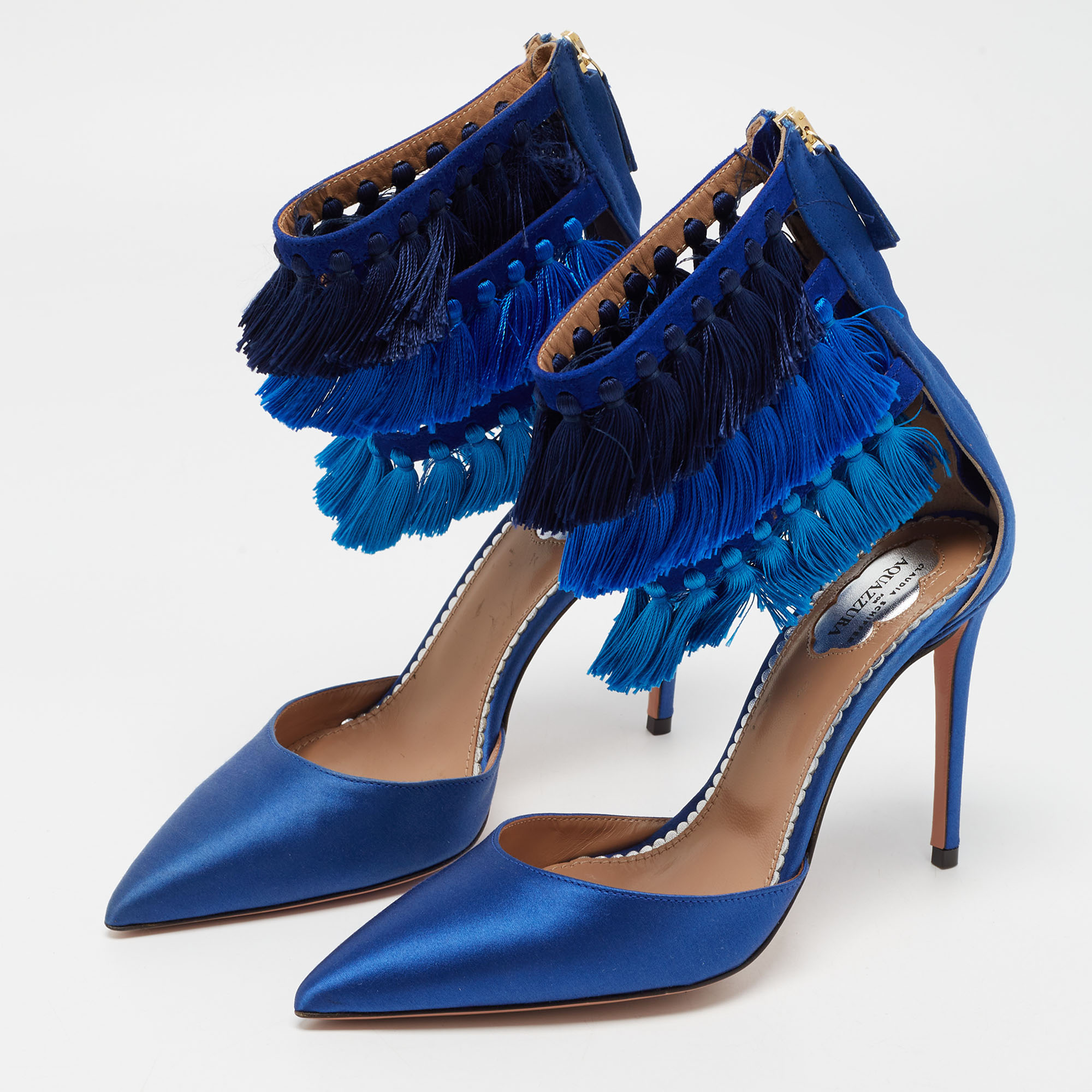 

Claudia Schiffer For Aquazzura Blue Satin And Suede Tasseled Loulou Ankle Cuff Sandals Size