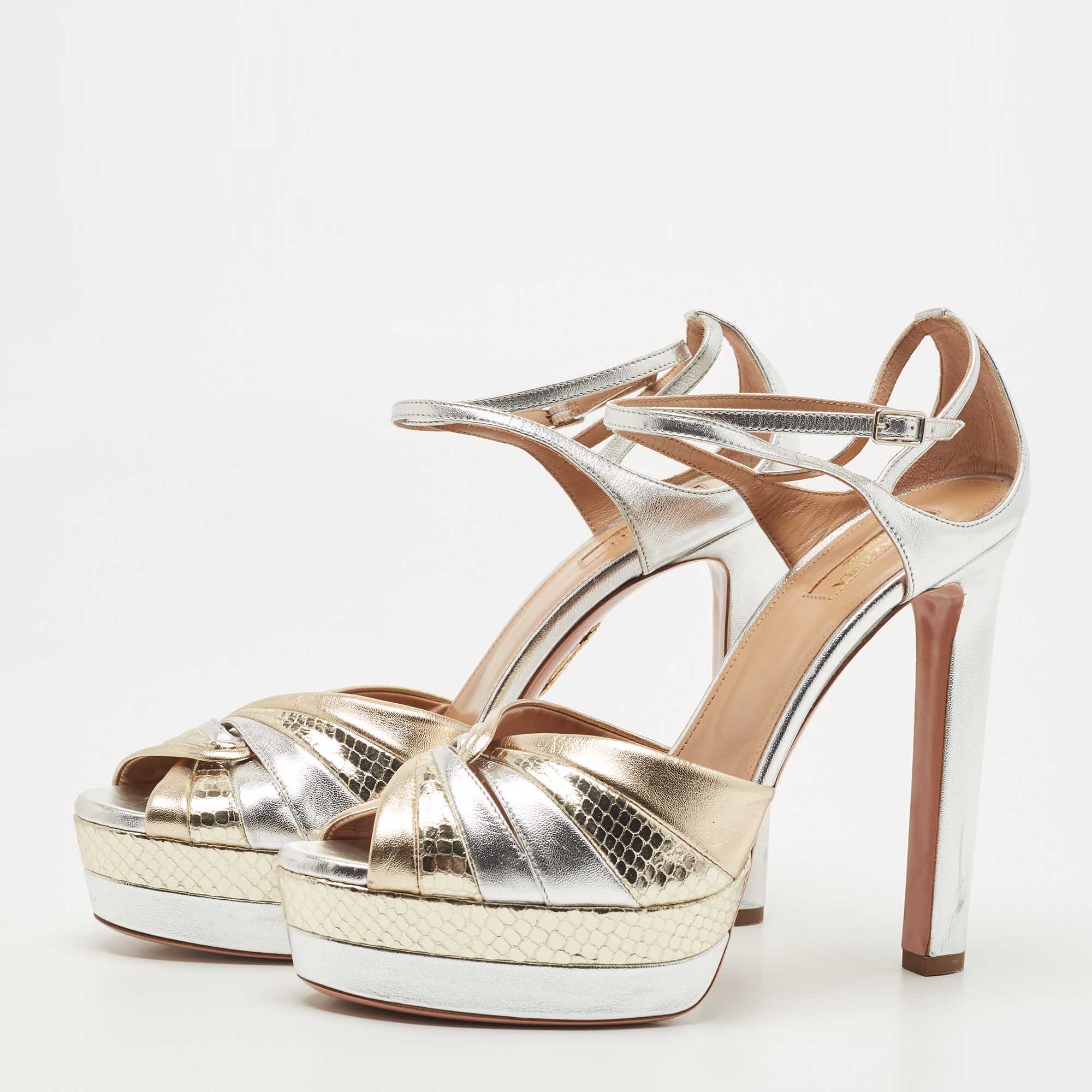 

Aquazzura Gold/Silver Python Embossed and Leather Platform Sandals Size