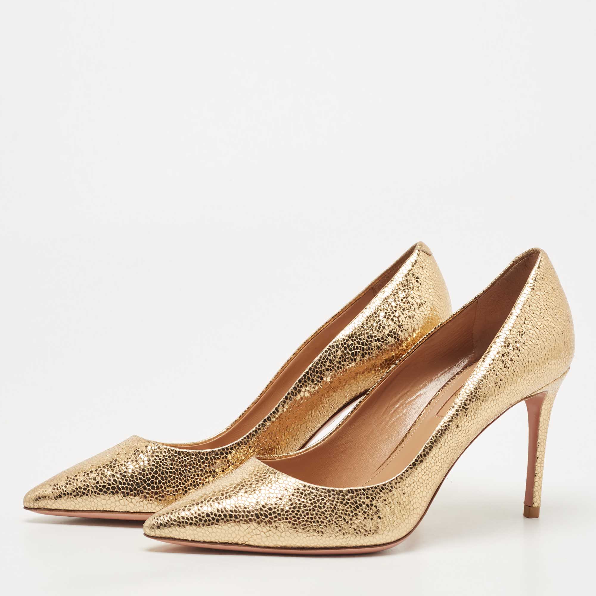 

Aquazzura Gold Texture Leather Pointed Toe Pumps Size