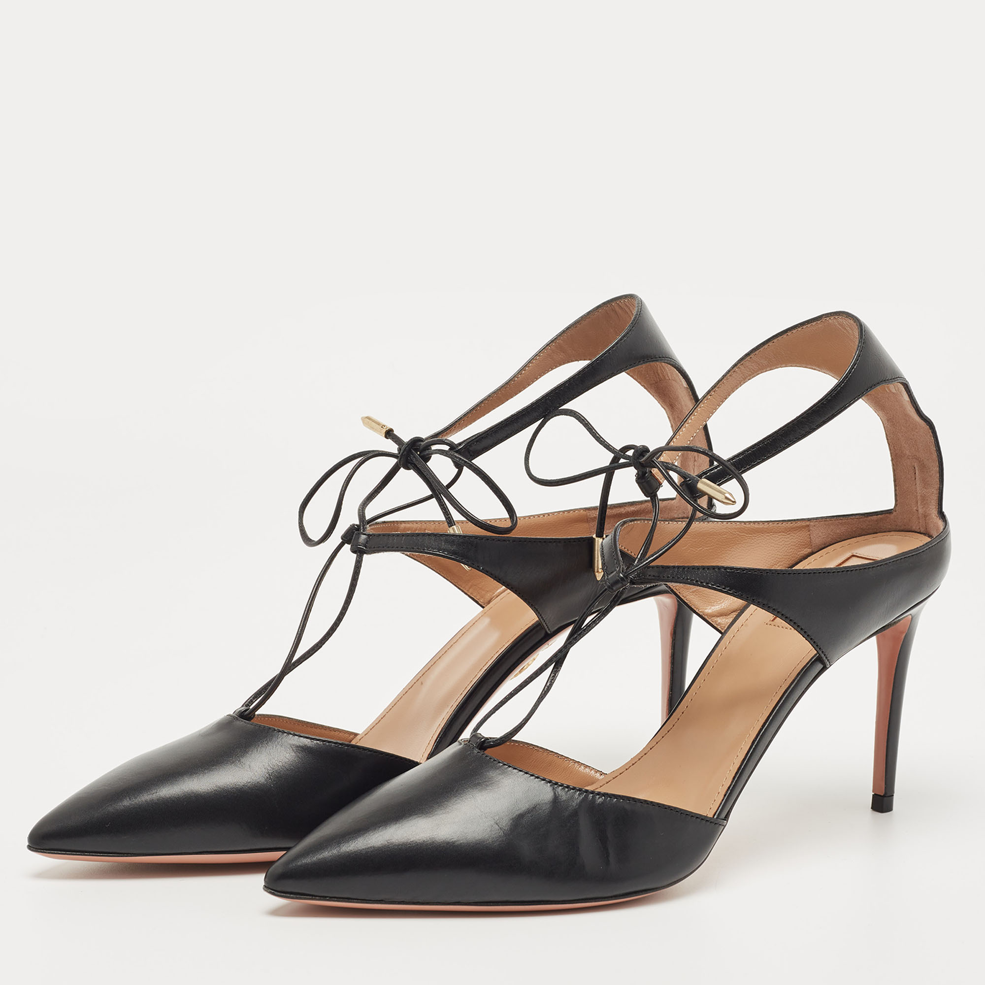 

Aquazzura Black Leather Pointed Toe Ankle Strap Pumps Size