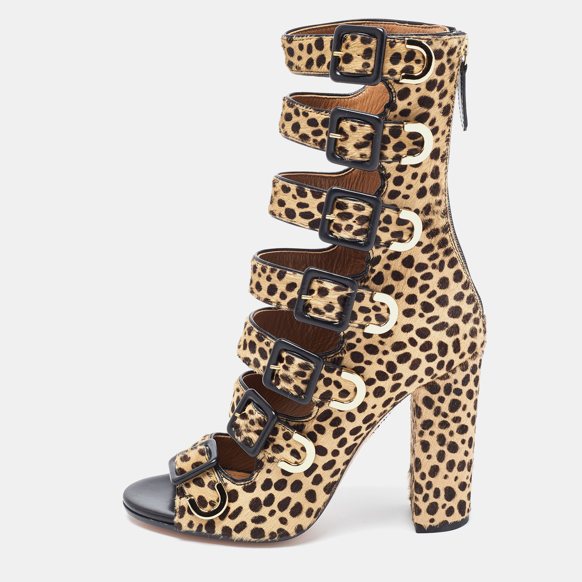 

Aquazzura Brown/Black Calf Hair Leopard Print Gladiator Sandals Size, Beige