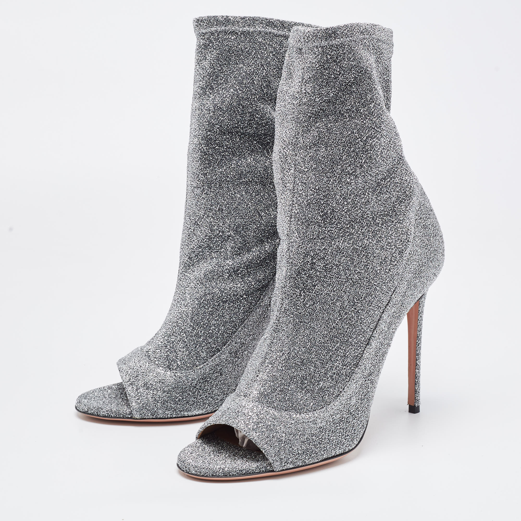 

Aquazzura Silver Lurex Fabric Eclair Peep Toe Ankle Boots Size