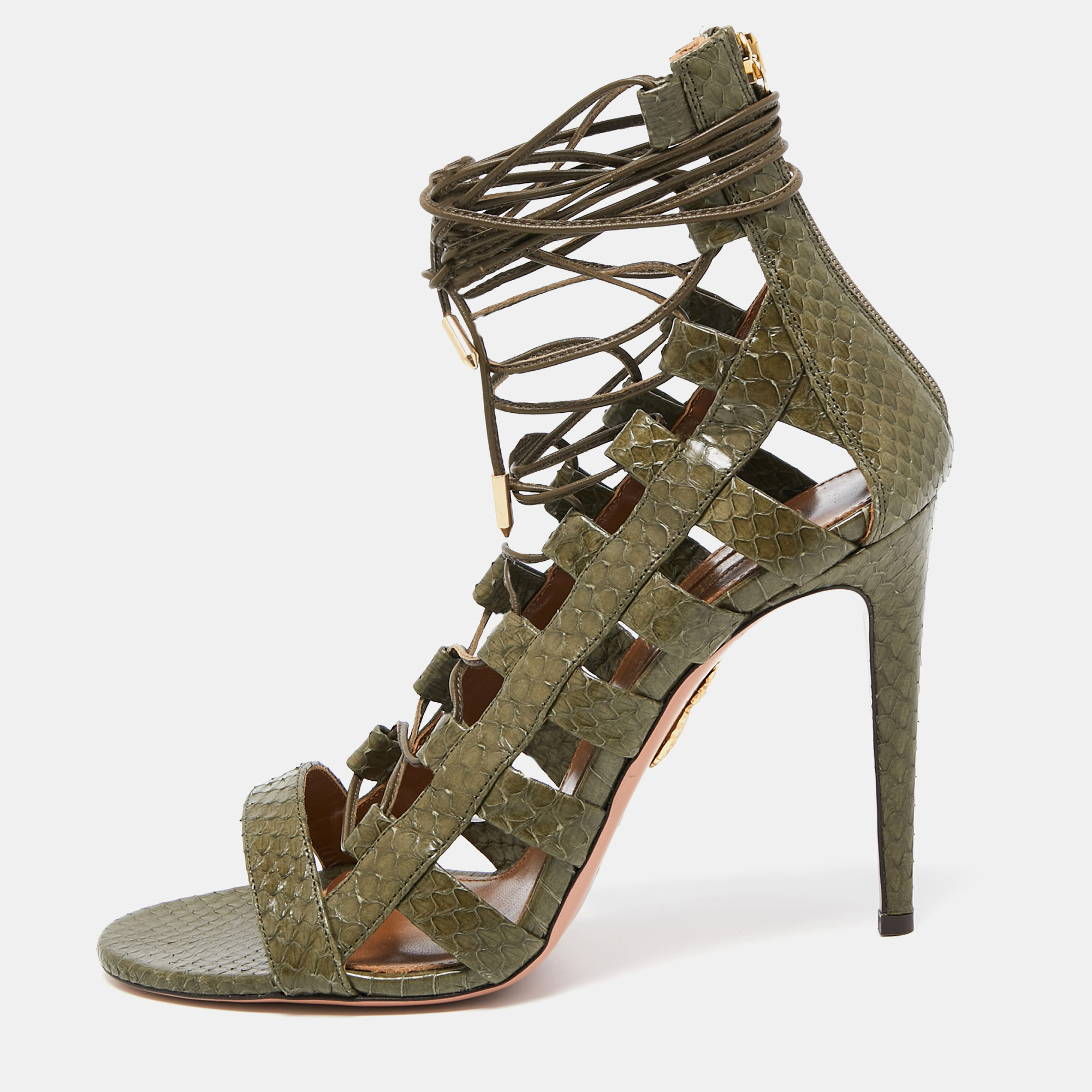 Pre-owned Aquazzura Green Python Amazon Lace Up Open Toe Sandals Size 41