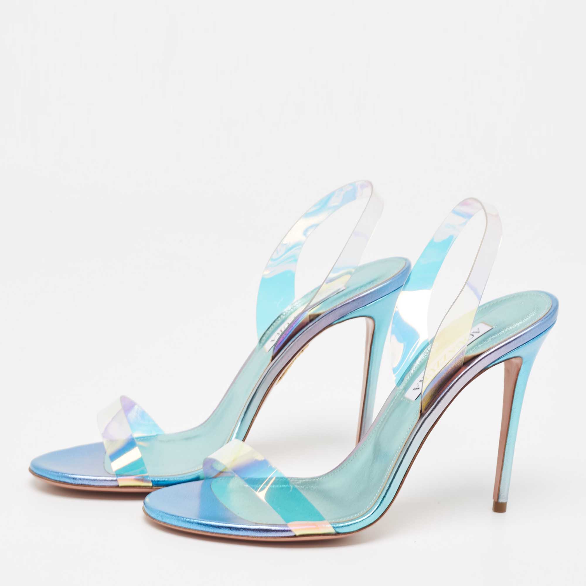 

Aquazzura Blue Iridescent PVC So Nude Slingback Sandals Size