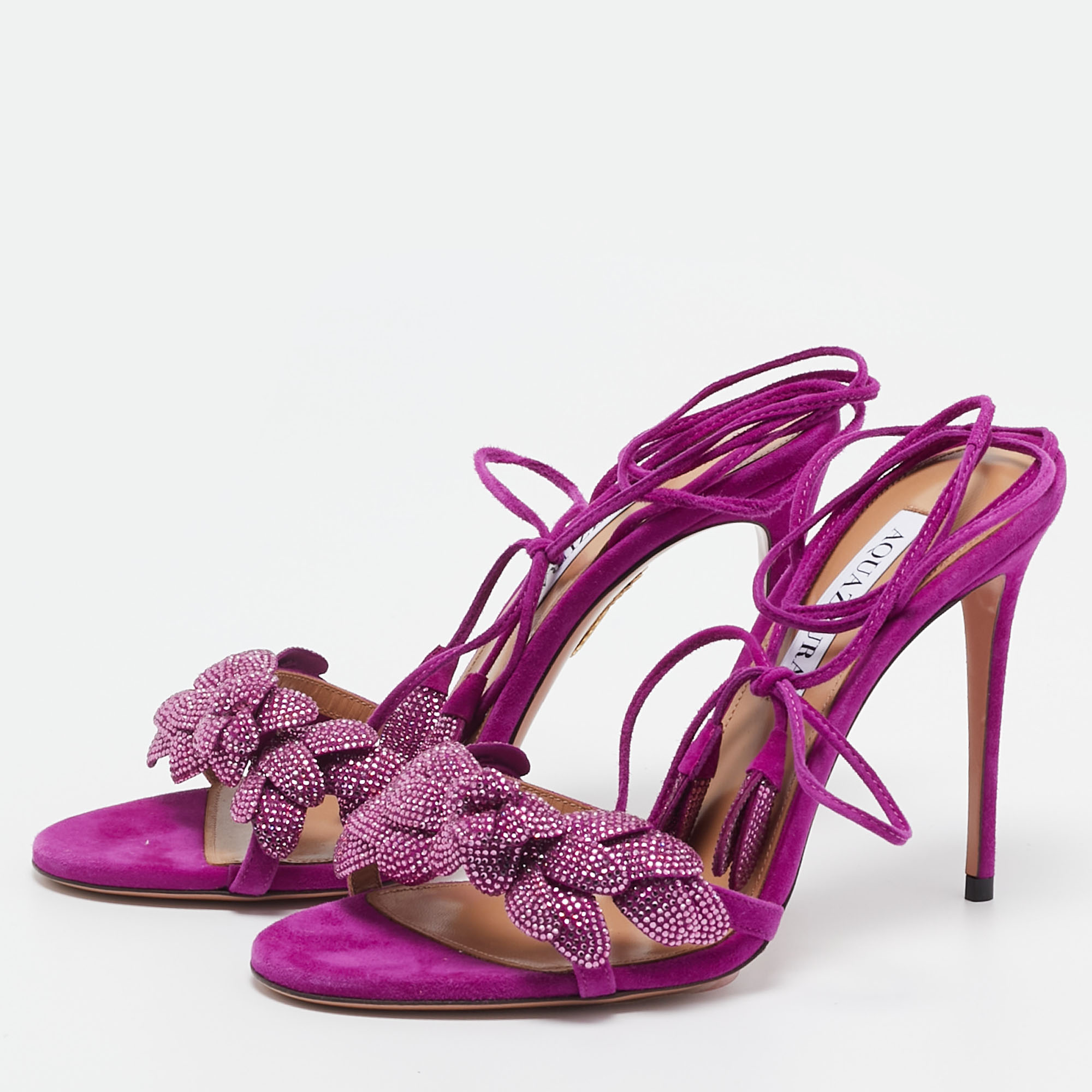 

Aquazzura Purple Suede Monaco Embellished Ankle Wrap Sandals Size
