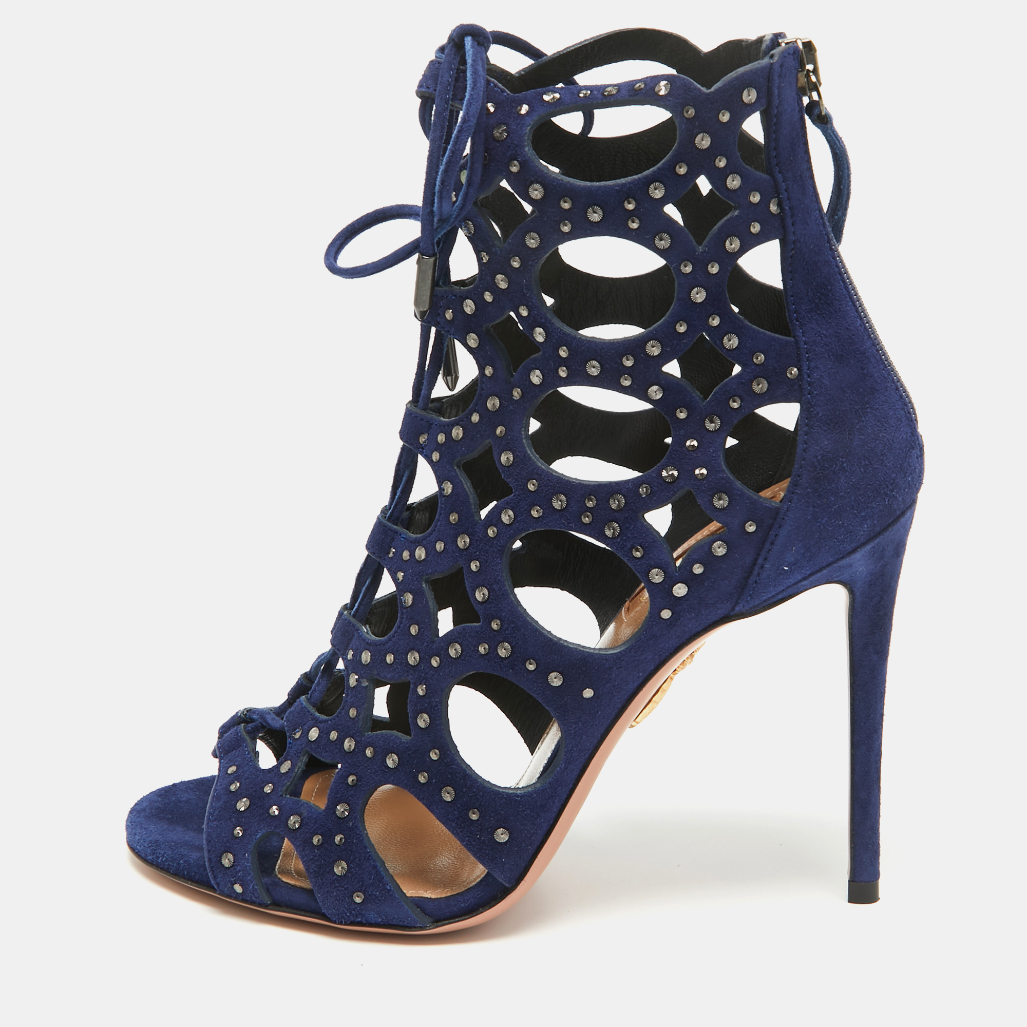 Pre-owned Aquazzura Blue Suede Begum Studded Cut Out Ankle Booties Size 37