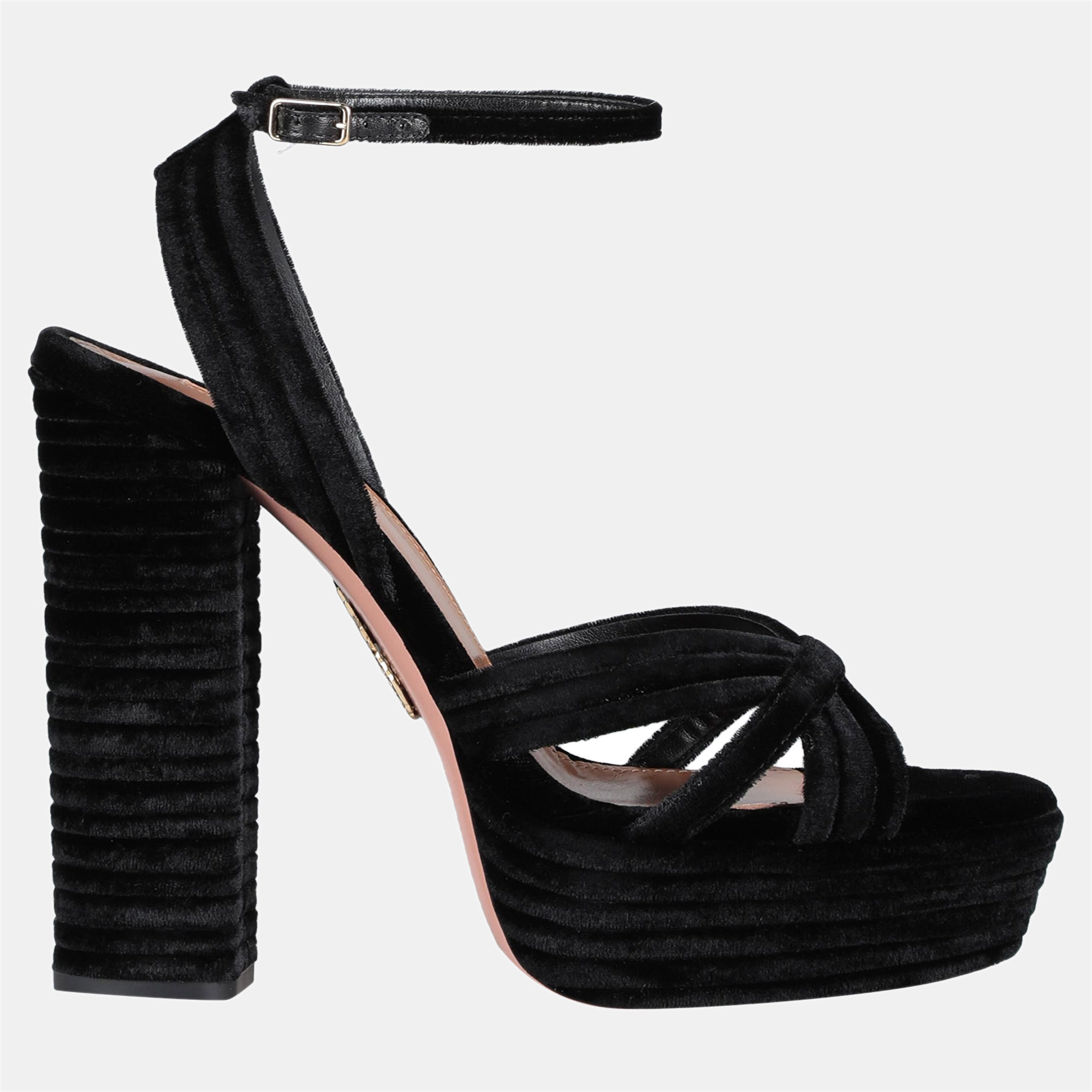 Pre-owned Aquazzura Velvet Block Heel Ankle Strap Sandals Size 36 In Black