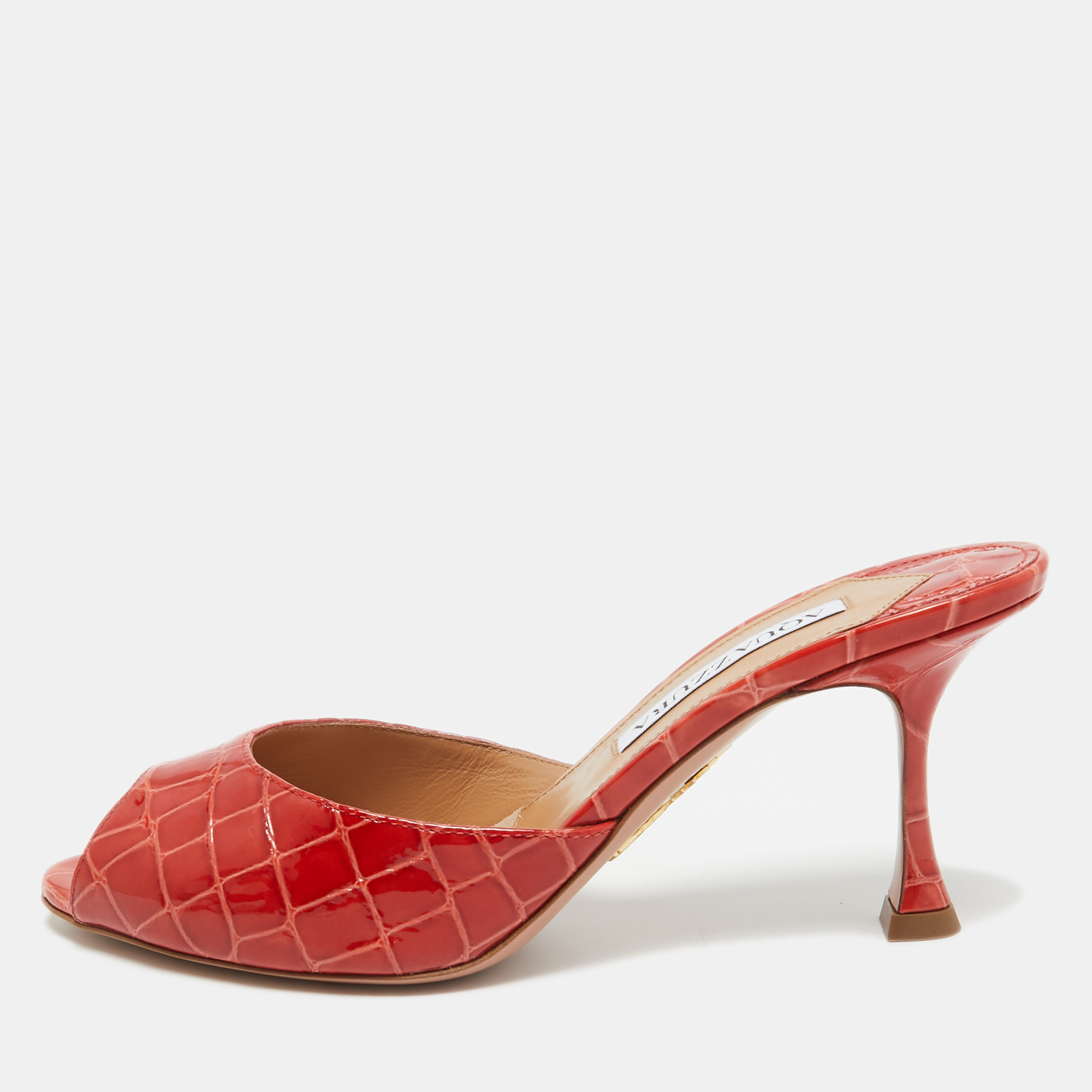 Pre-owned Aquazzura Red Croc Embossed Leather Mules Size 36