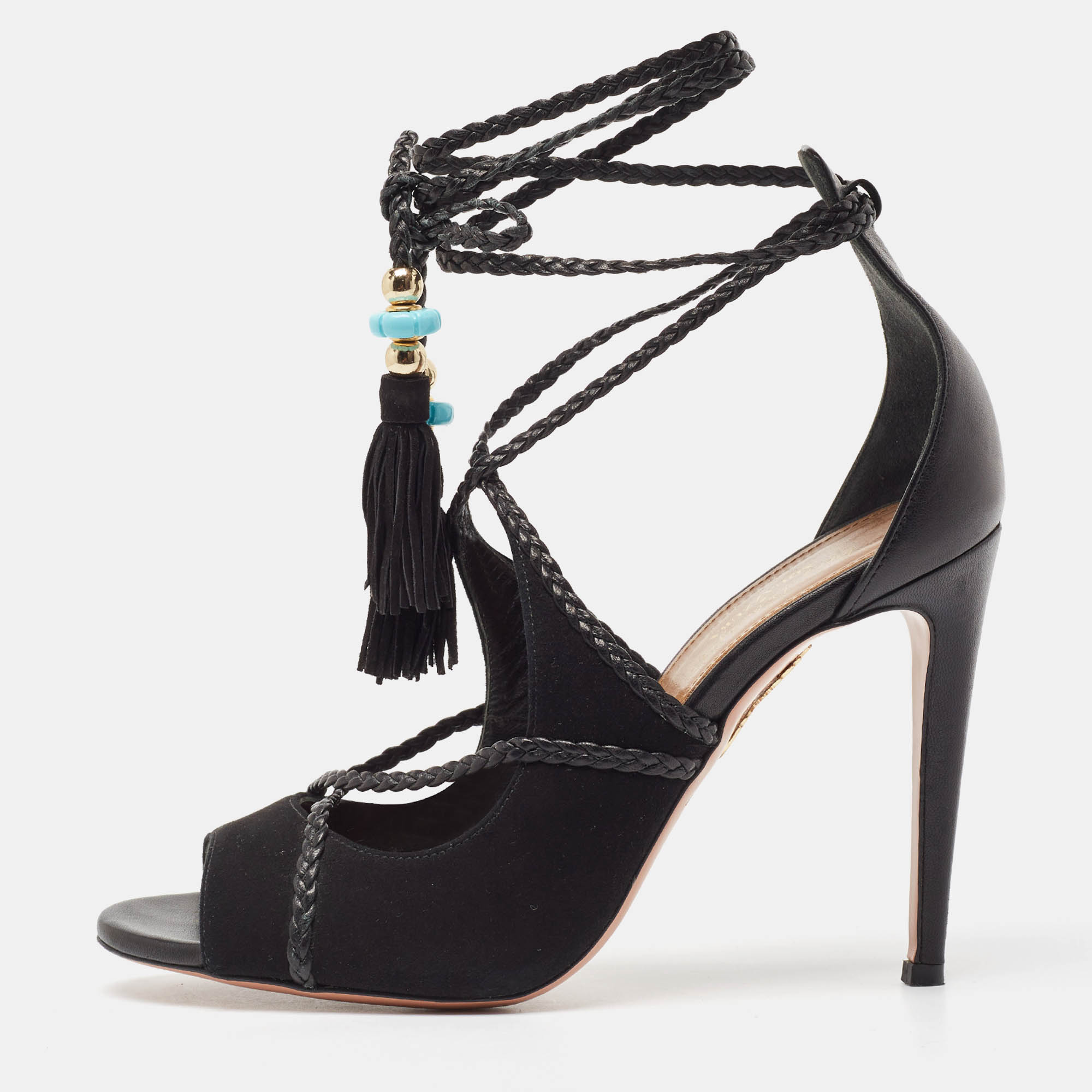 

Aquazzura Black Leather and Suede Ankle Wrap Sandals Size