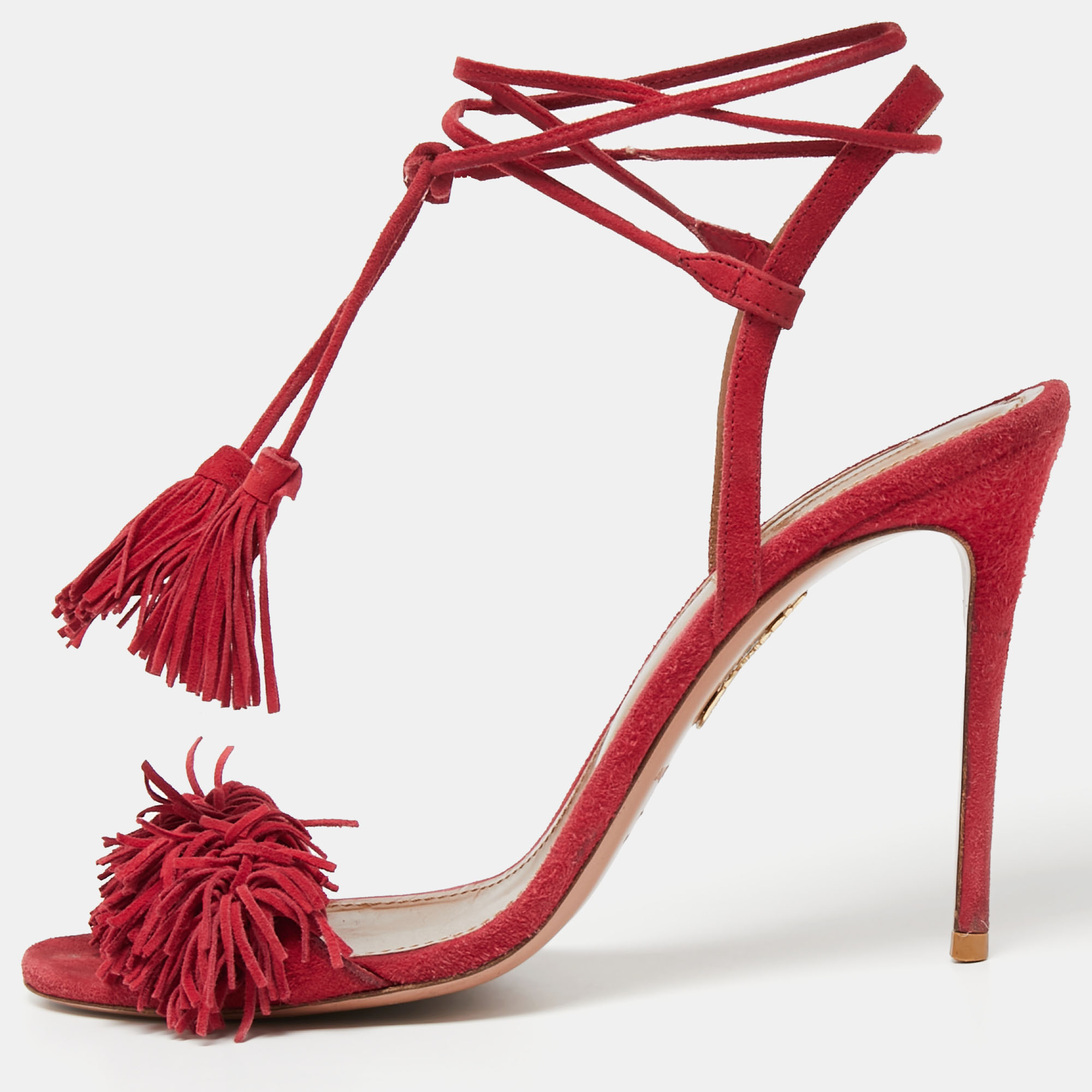 

Aquazzura Red Fringed Suede Wild Thing Ankle Tie Sandals Size