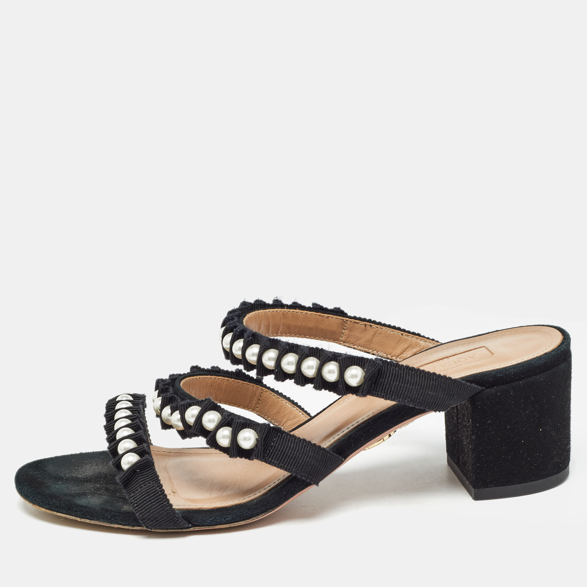 

Aquazzura Black Suede and Canvas Love Story Slide Sandals Size