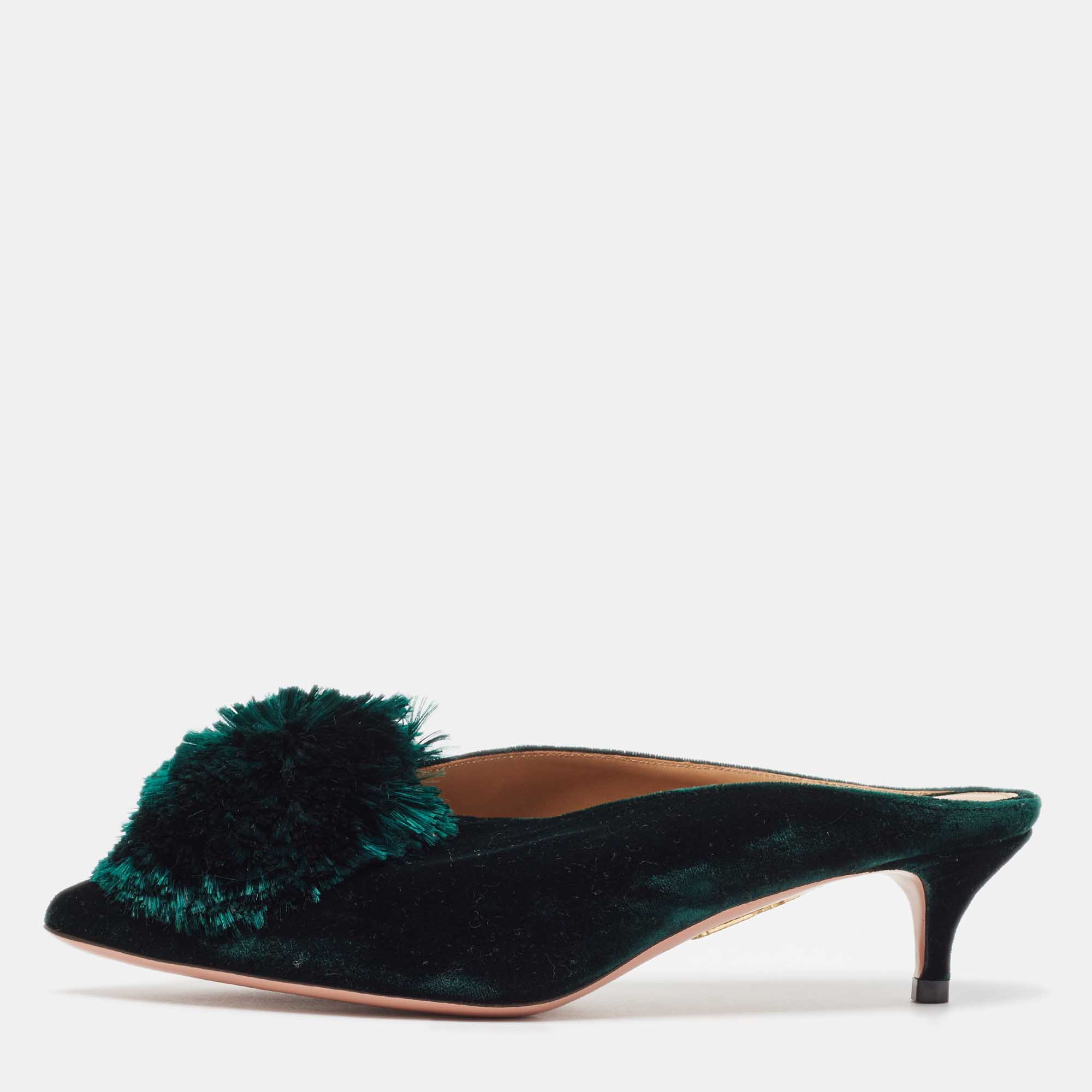 Pre-owned Aquazzura Green Velvet Powder Puff 45 Pompom-embellished Mules Size 36.5