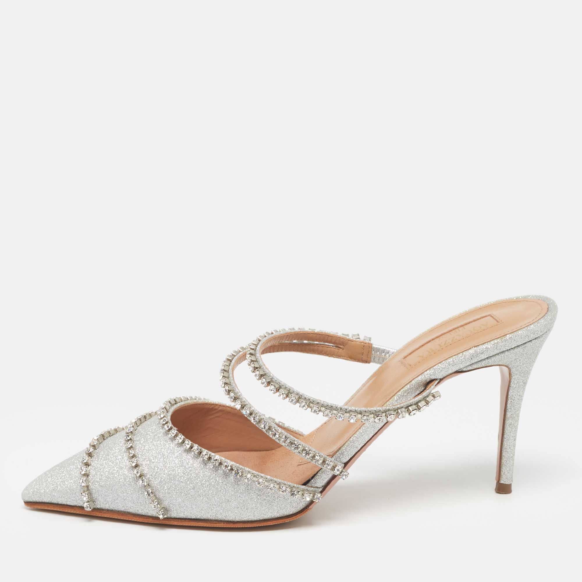 

Aquazzura Silver Glitter Crystal Embellished Mules Size