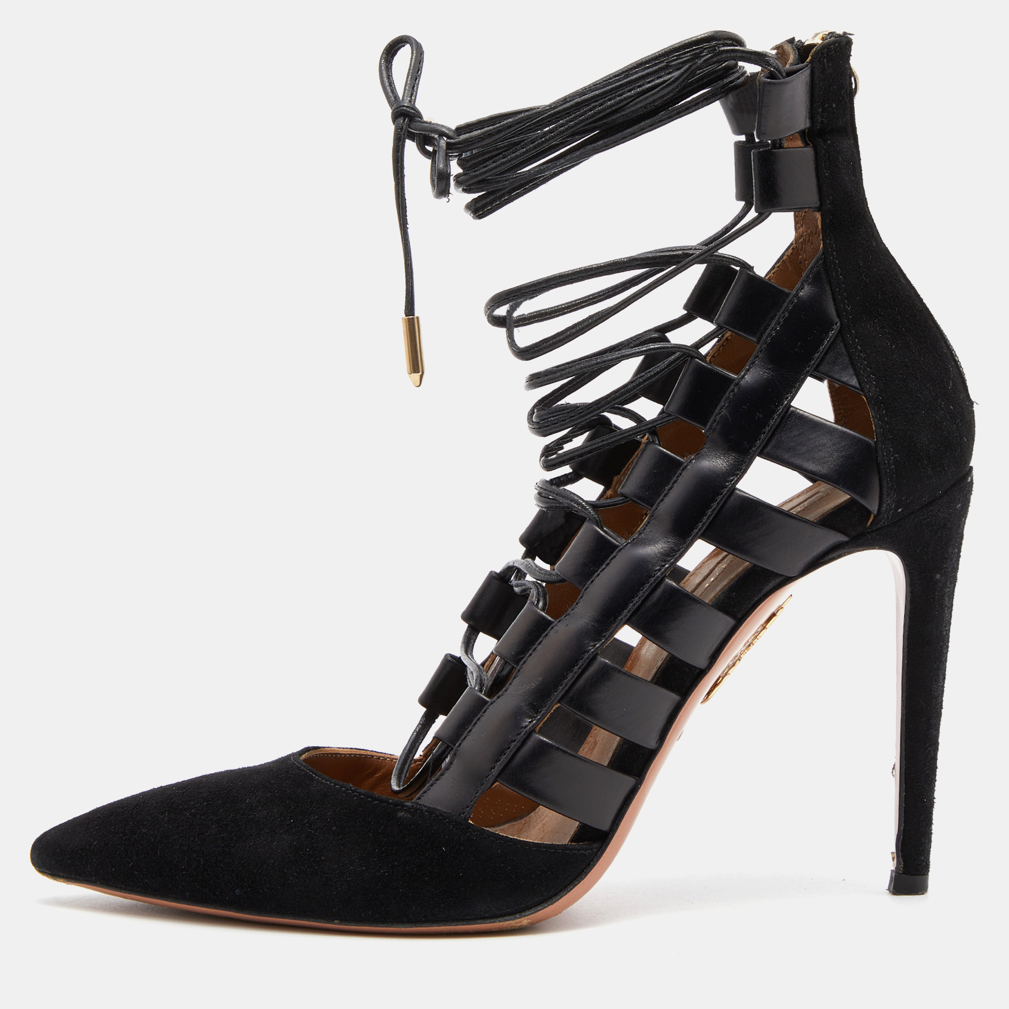 

Aquazzura Black Suede and Leather Amazon Ankle Wrap Pumps Size