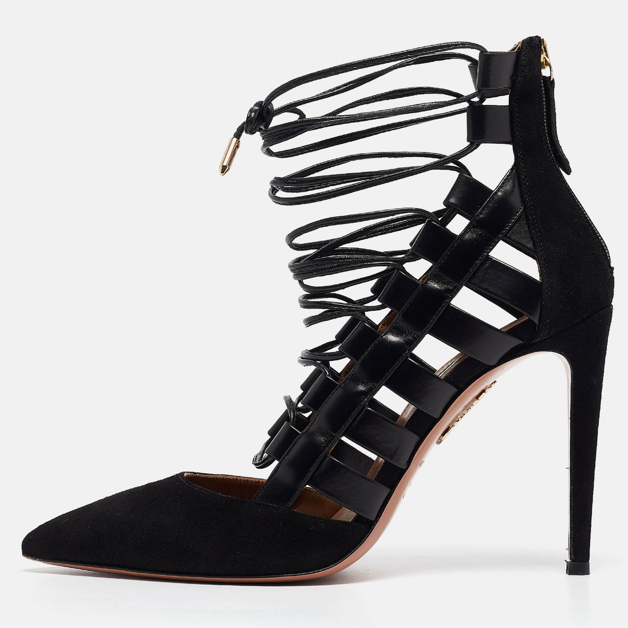 

Aquazzura Black Suede and Leather Amazon Ankle Wrap Pumps Size