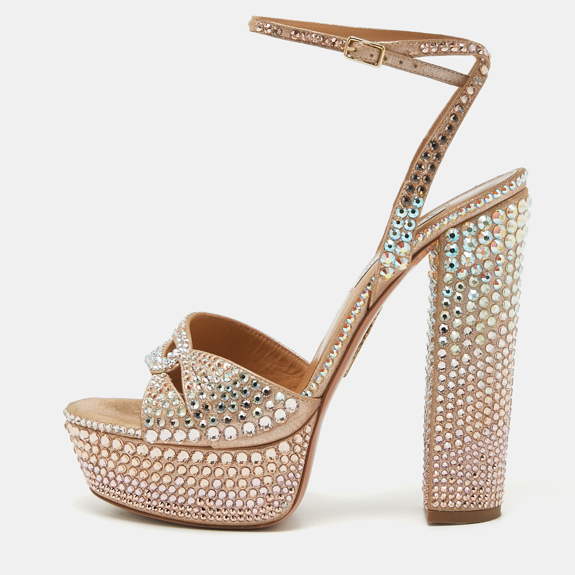 

Aquazzura Rose Gold Crystal Embellished Leather Sinner Sandals Size