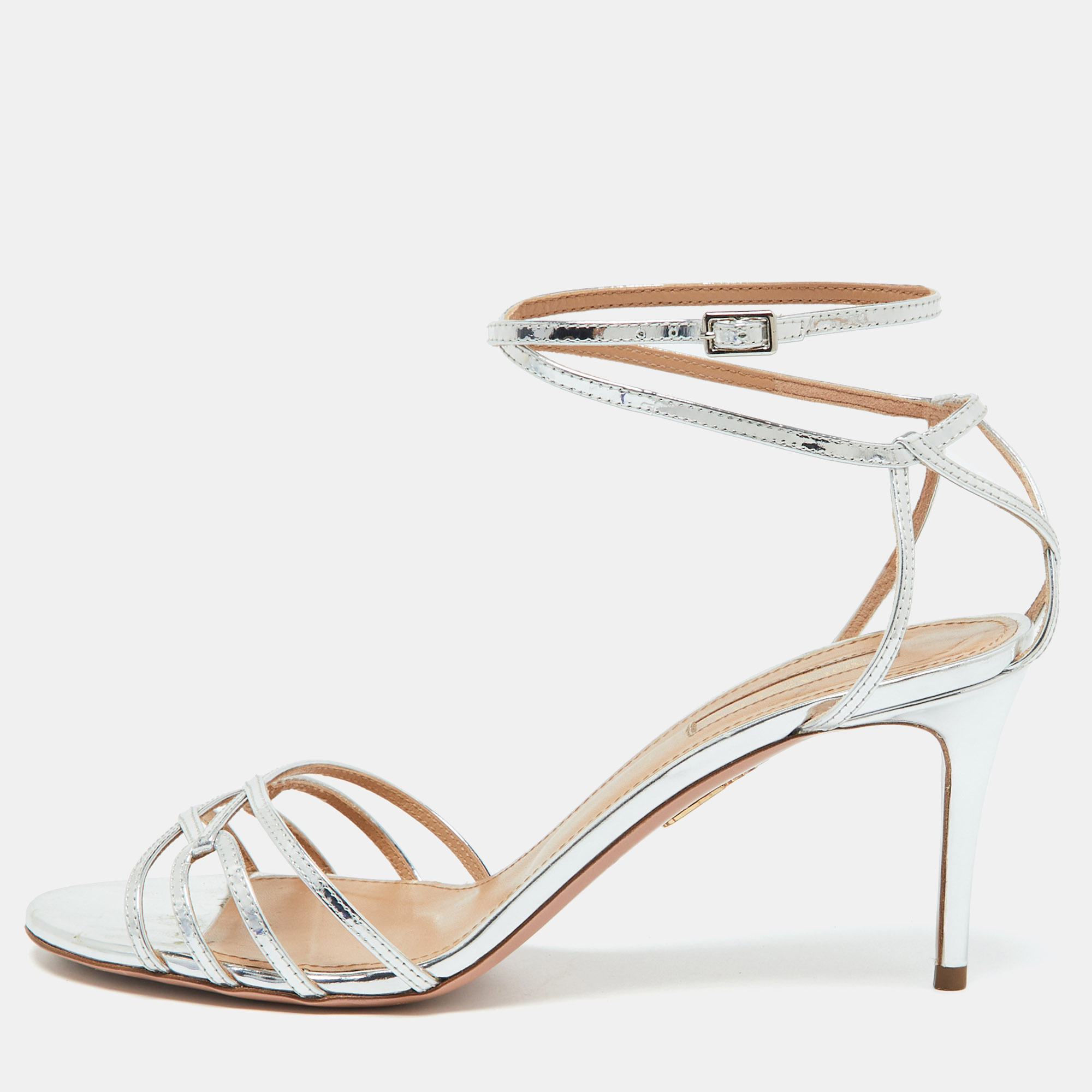 

Aquazzura Silver Foil Leather Ankle Strap Sandals Size