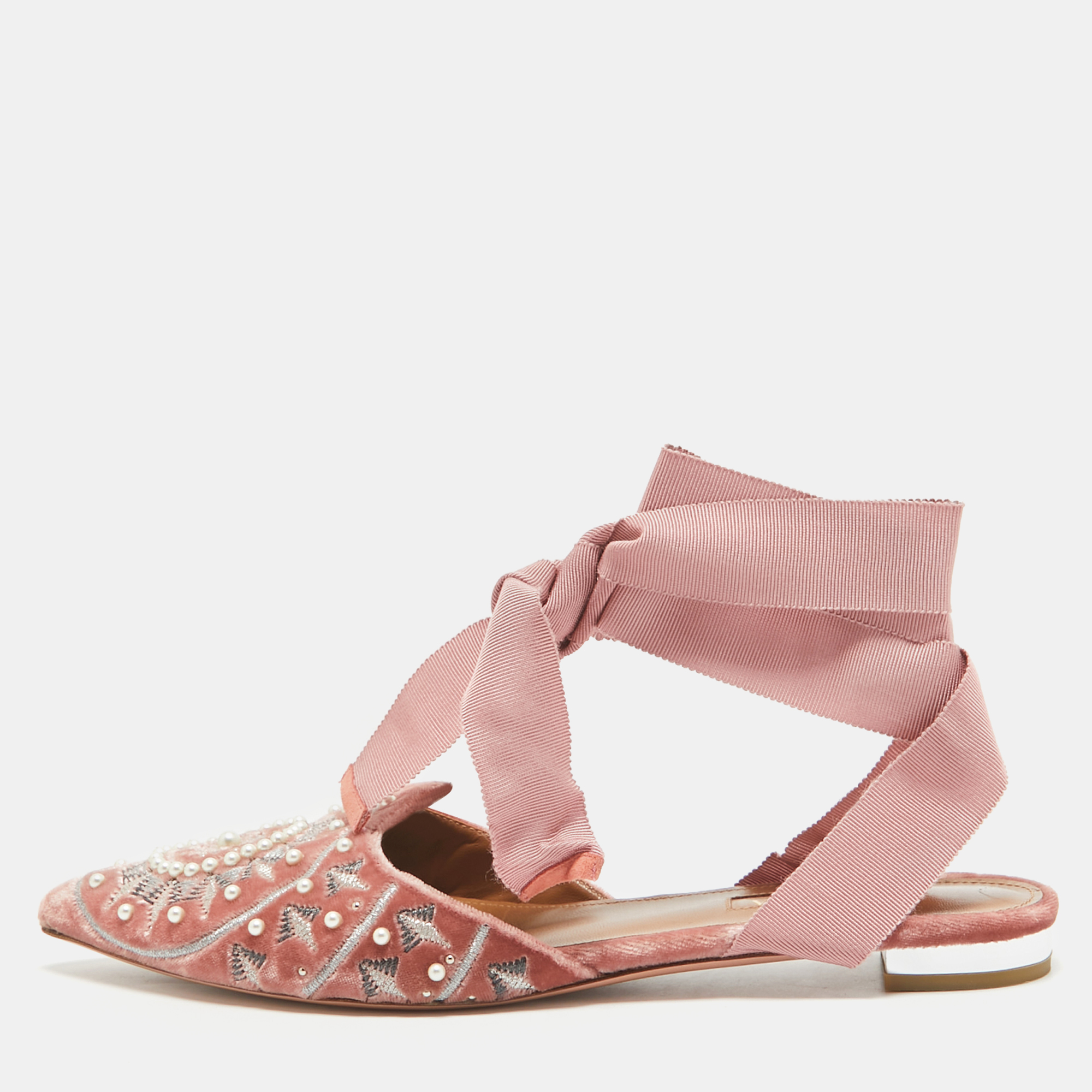 Pre-owned Aquazzura Pink Embellished Velvet Ankle Tie Flats Size 36