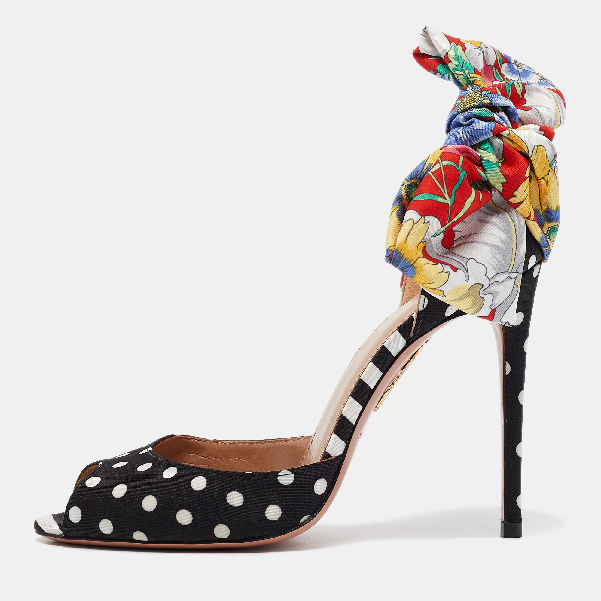 

Aquazzura x Racil Multicolor Polka Dot Fabric and Printed Satin Bow Sandals Size