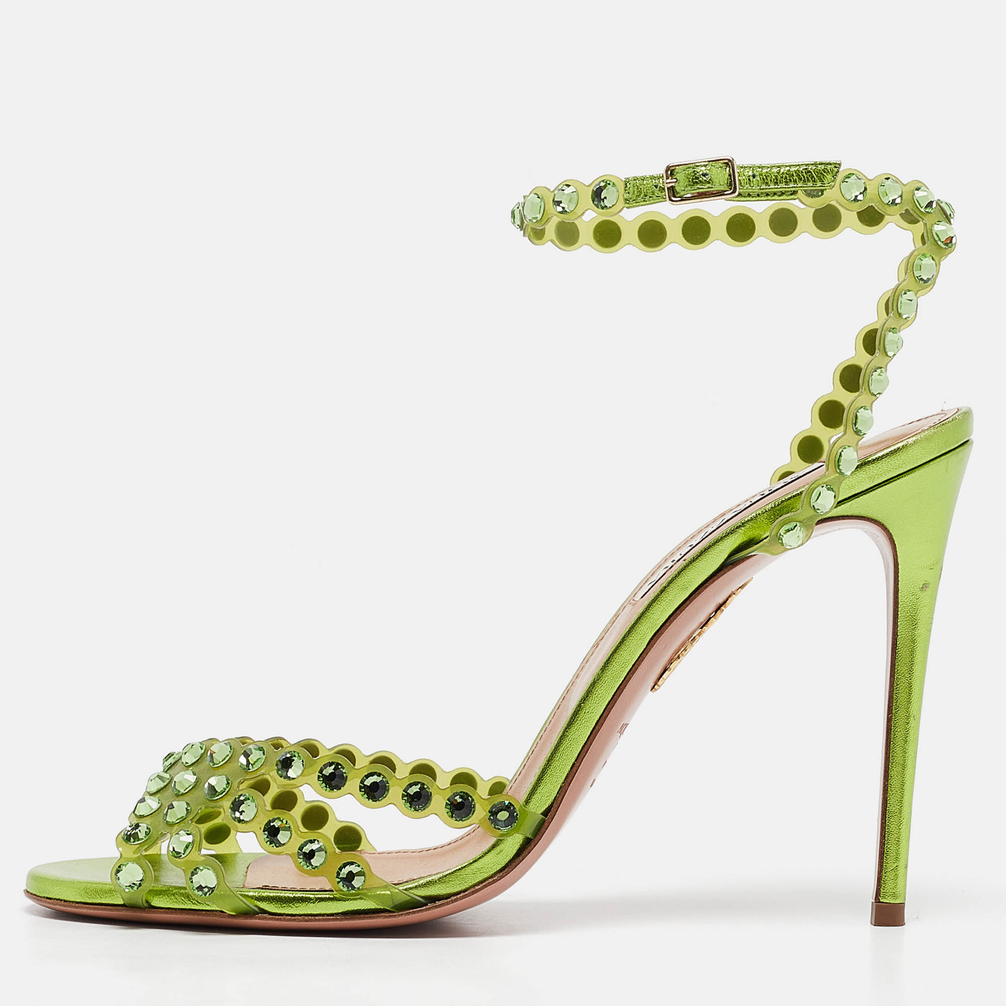 Pre-owned Aquazzura Green Pvc Crystal Ankle Strap Sandals Size 41