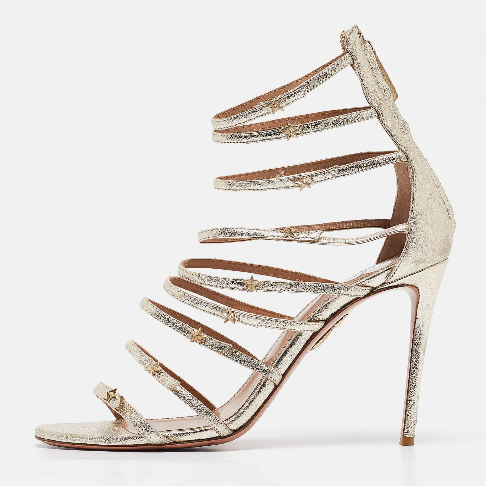 

Aquazzura Gold Leather Star Studded Strappy Sandals Size