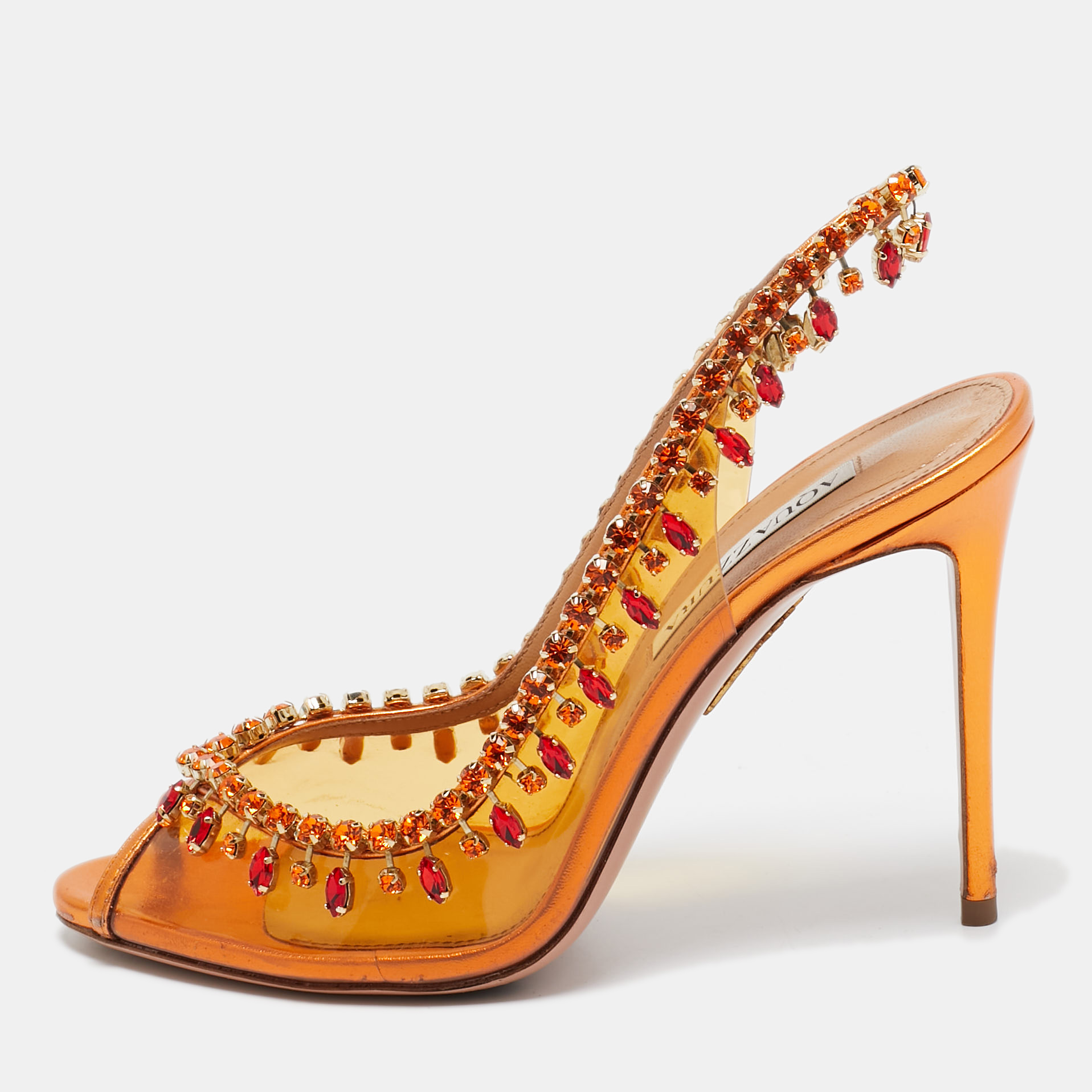 

Aquazzura Orange Leather and PVC Crystal Embellished Temptation Pumps Size