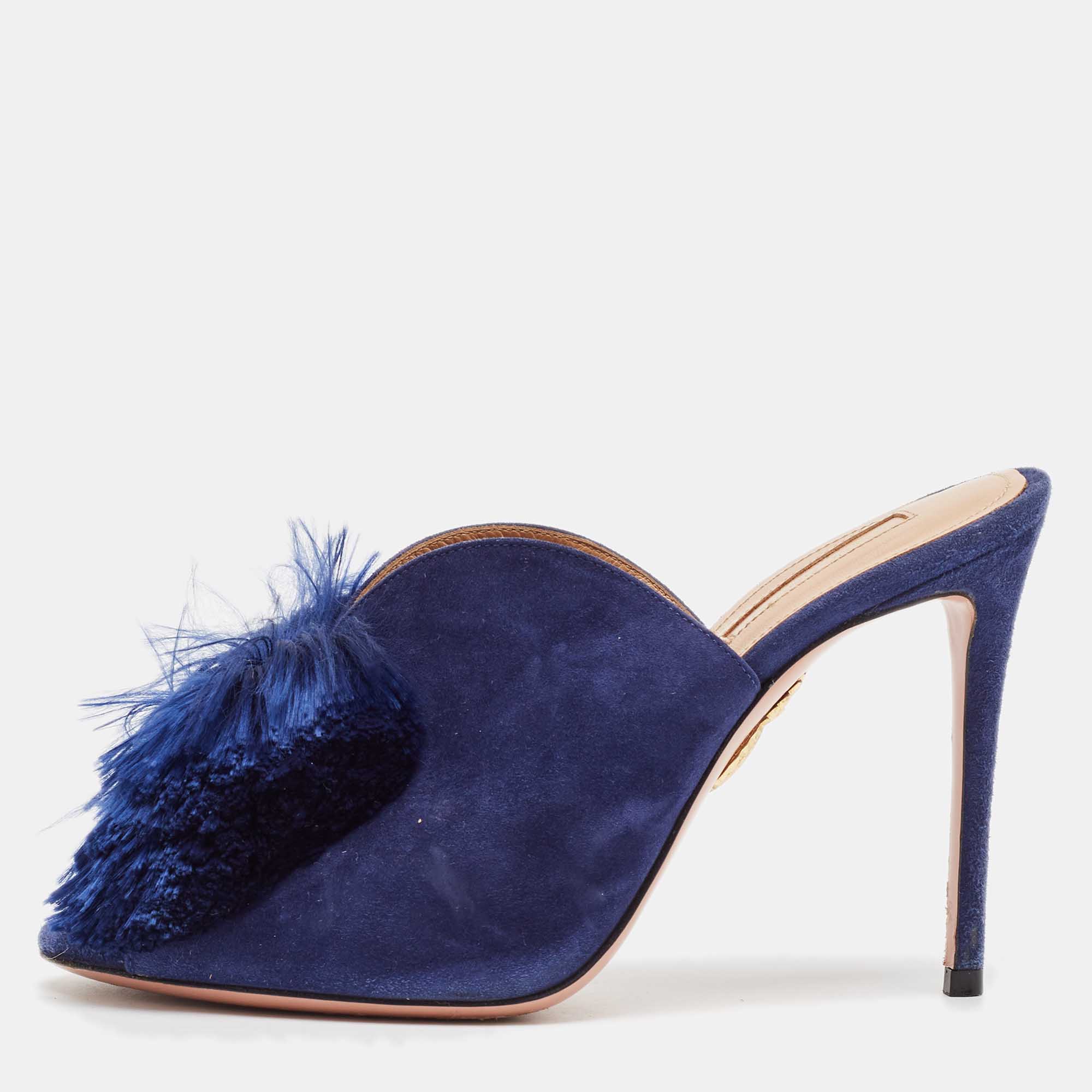 

Aquazzura Navy Blue Suede Lotus Blossom Peep Toe Mules Size