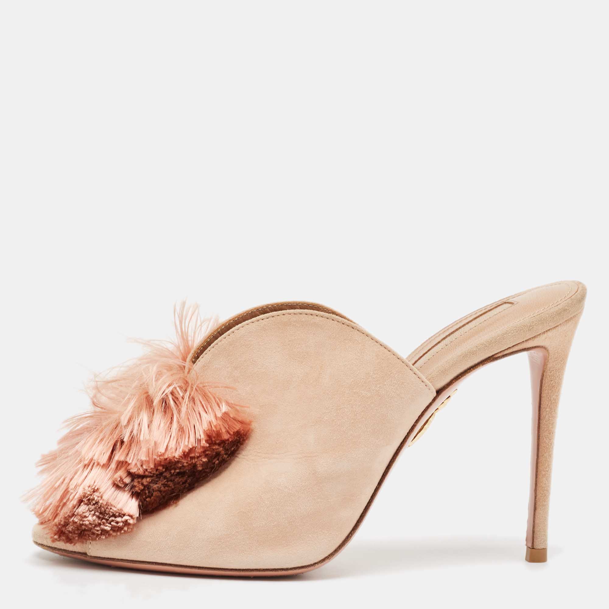 

Aquazzura Light Pink Suede Lotus Blossom Peep Toe Mules Size