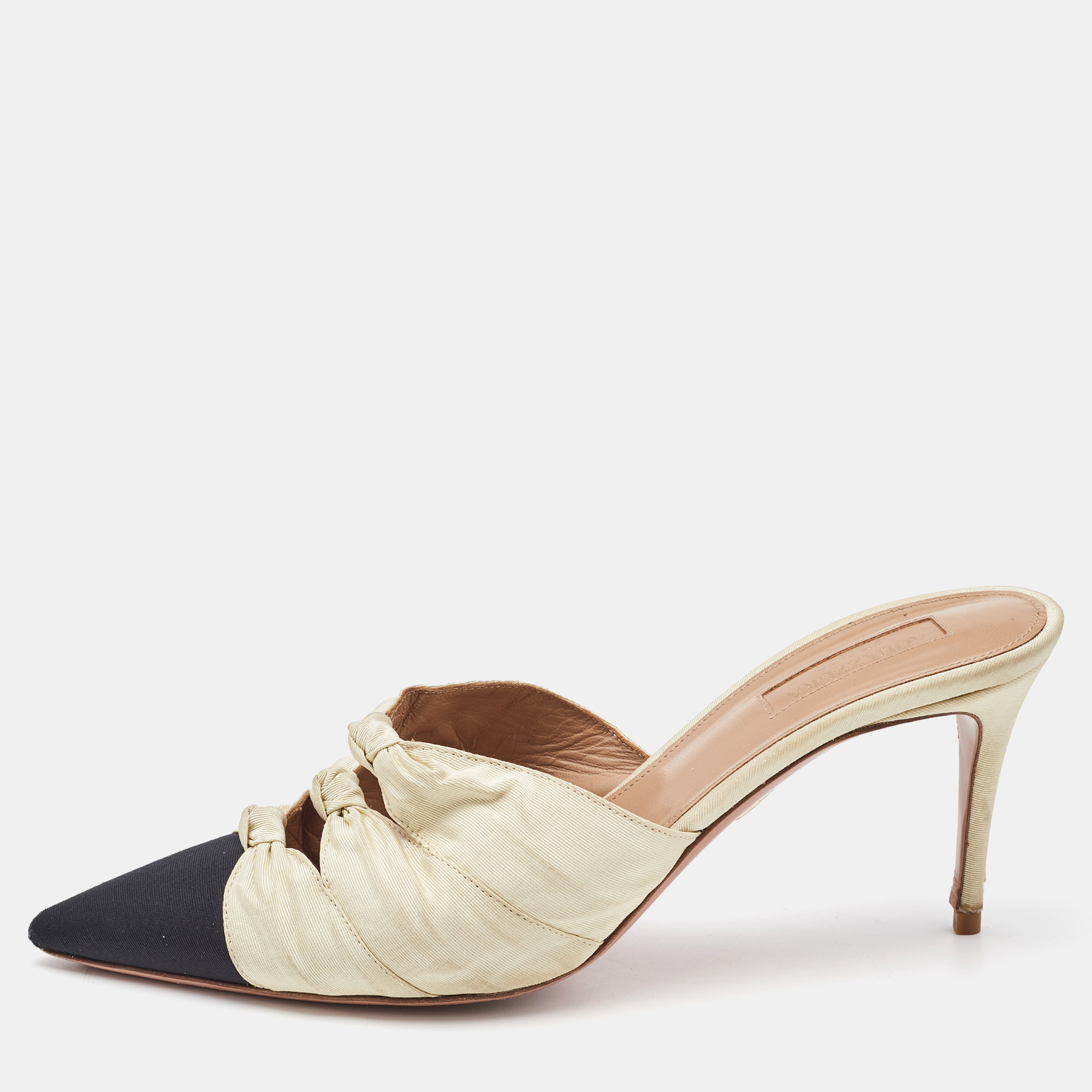 

Aquazzura Beige/Black Knotted Fabric Mondaine Mules Size